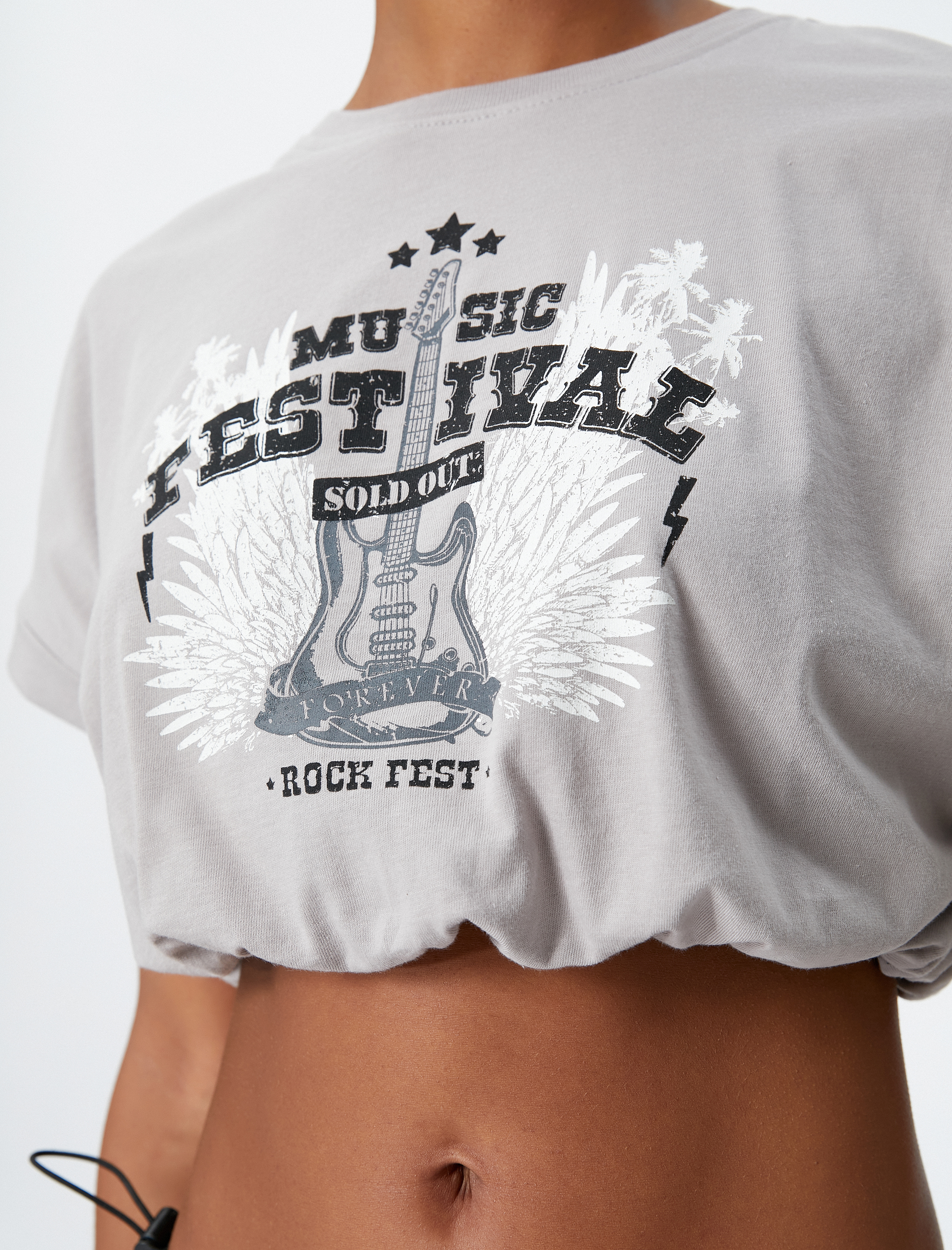   Crop Tişört Rahat Kesim Slogan Baskılı Bisiklet Yaka Kısa Kollu