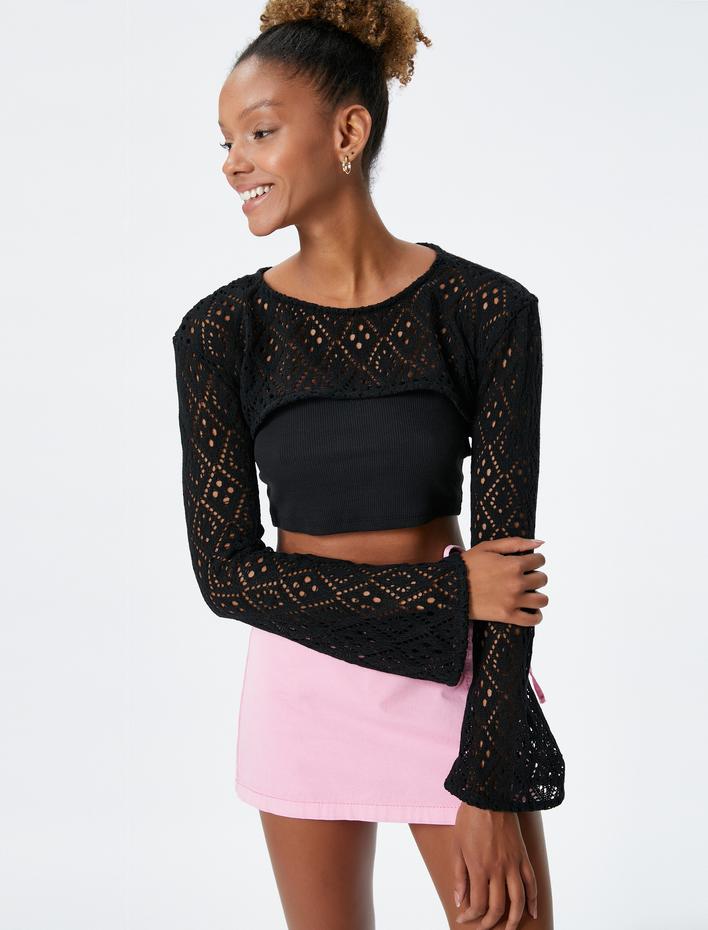  Ajurlu Kroşe Bolero Tişört Uzun Kollu Bisiklet Yaka