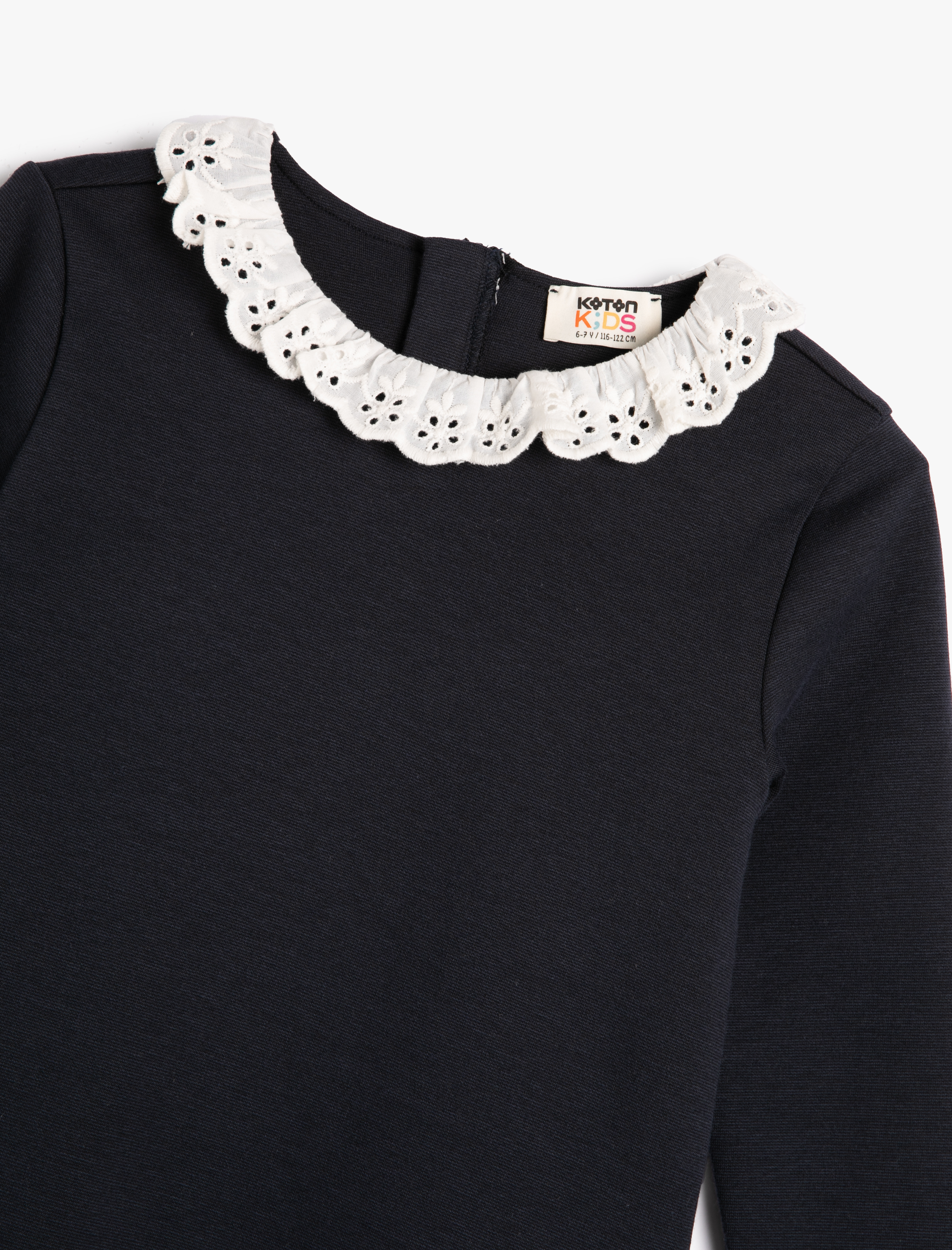  Kız Çocuk Elbise Uzun Kollu Yakası ve Manşetleri Dantelli Midi Boy Pamuklu Fermuar Kapamalı