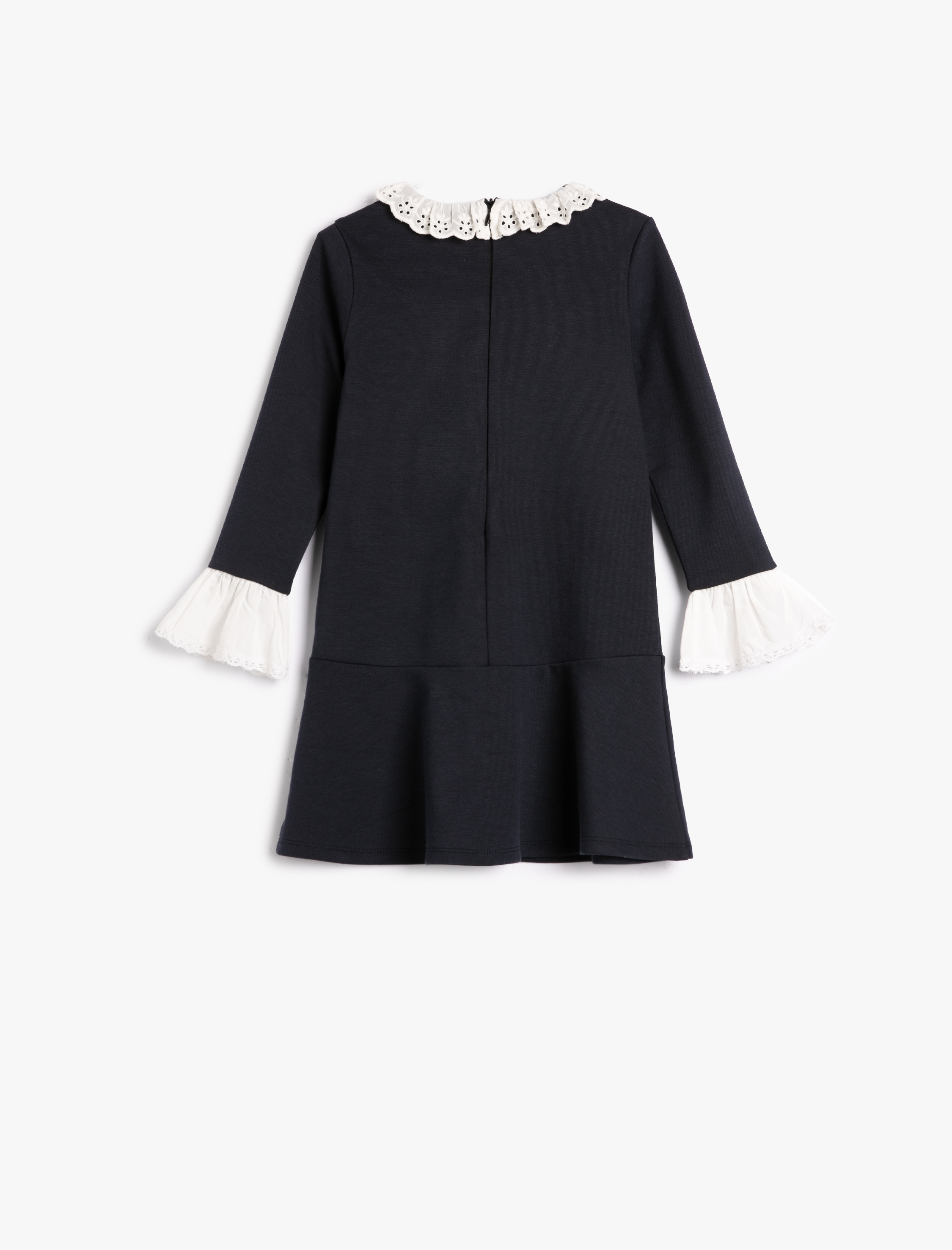  Kız Çocuk Elbise Uzun Kollu Yakası ve Manşetleri Dantelli Midi Boy Pamuklu Fermuar Kapamalı