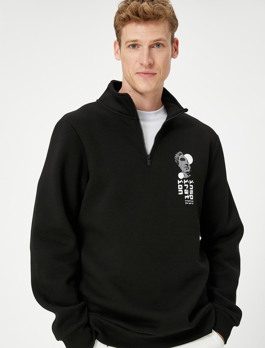   Yarım Fermuarlı Sweatshirt Baskılı Dik Yaka Uzun Kollu Şardonlu