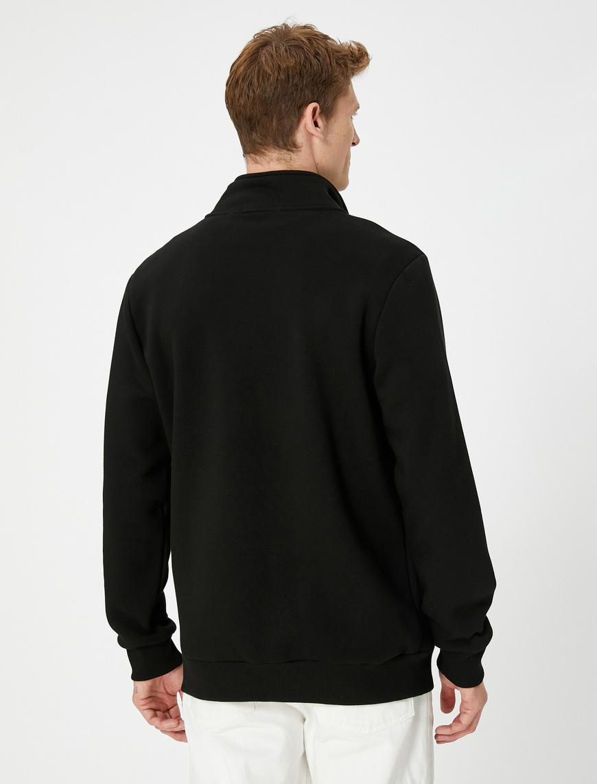   Yarım Fermuarlı Sweatshirt Baskılı Dik Yaka Uzun Kollu Şardonlu