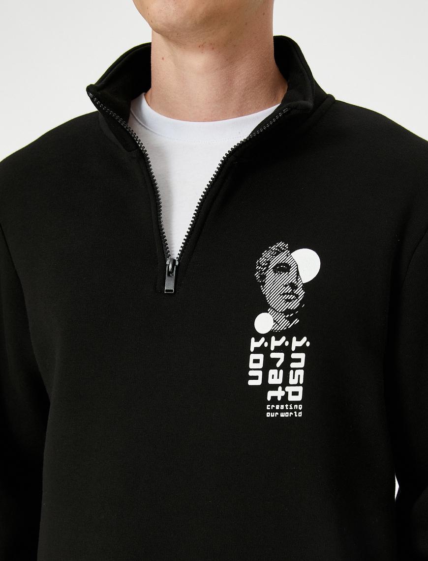   Yarım Fermuarlı Sweatshirt Baskılı Dik Yaka Uzun Kollu Şardonlu