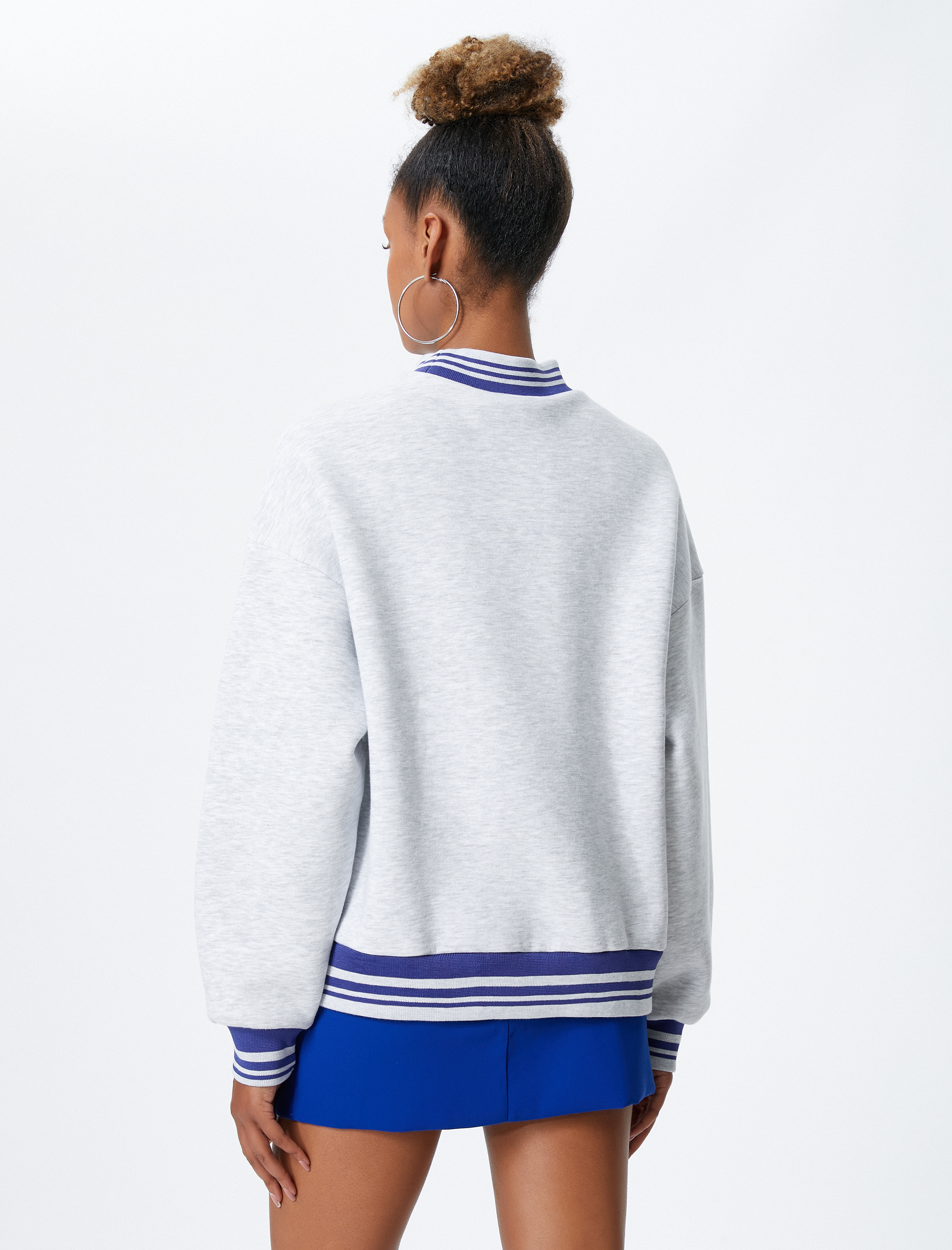   Şardonlu Kolej Sweatshirt Baskılı Bisiklet Yaka Ribanalı Uzun Kollu