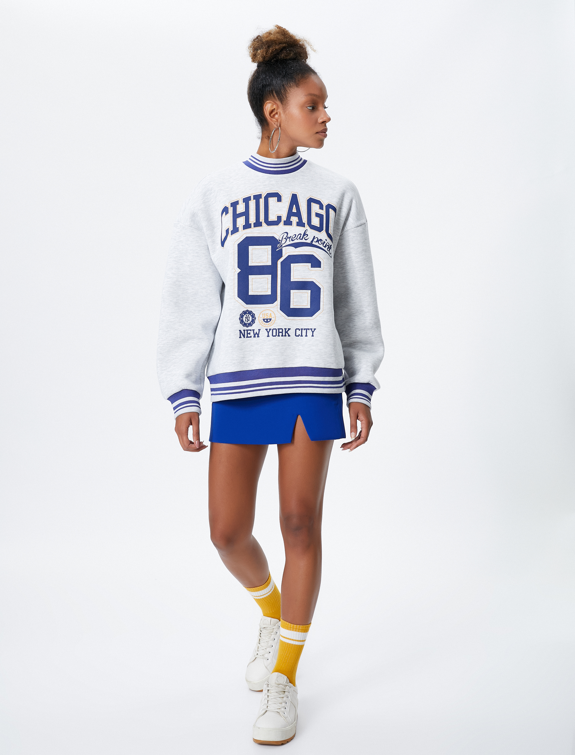   Şardonlu Kolej Sweatshirt Baskılı Bisiklet Yaka Ribanalı Uzun Kollu