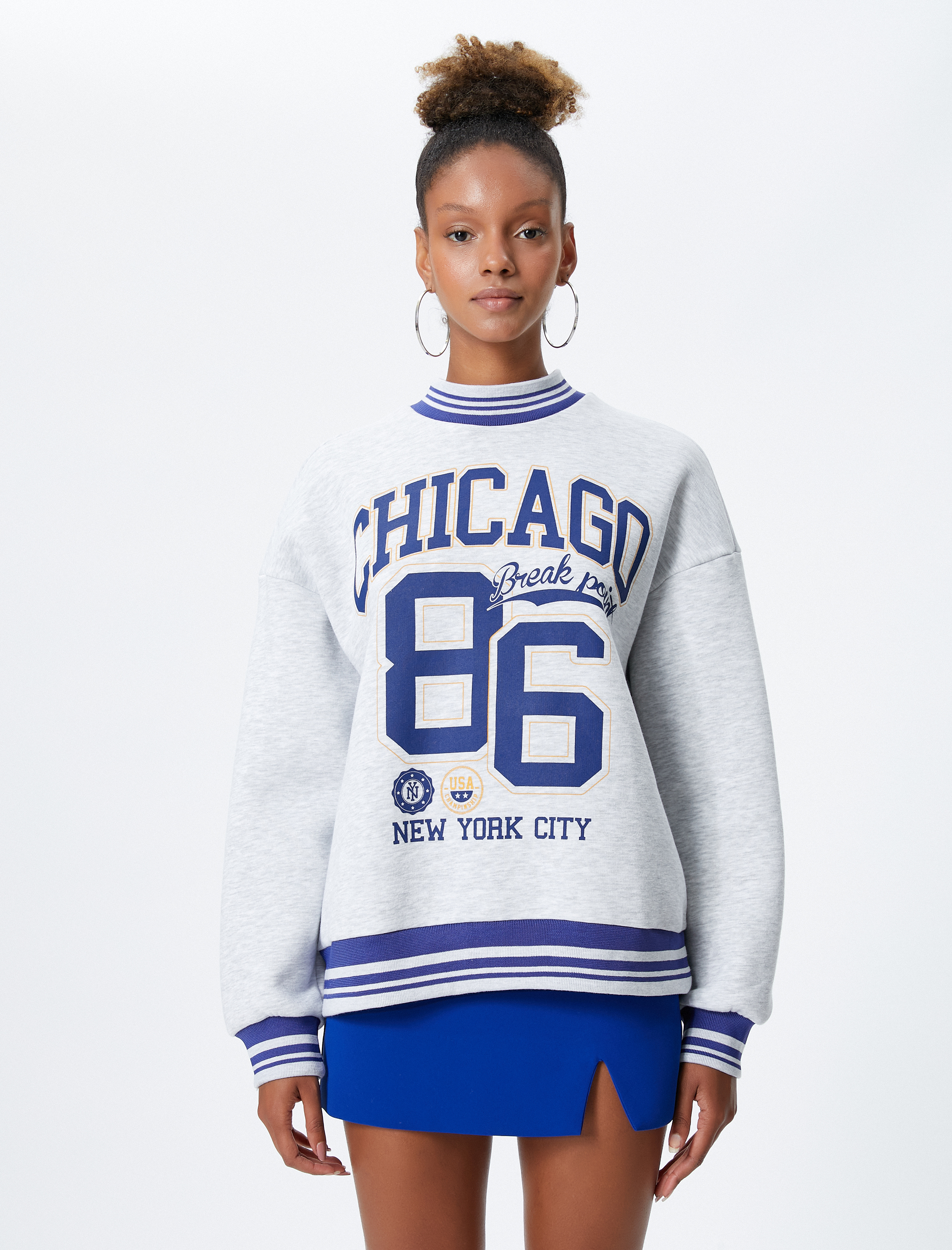   Şardonlu Kolej Sweatshirt Baskılı Bisiklet Yaka Ribanalı Uzun Kollu