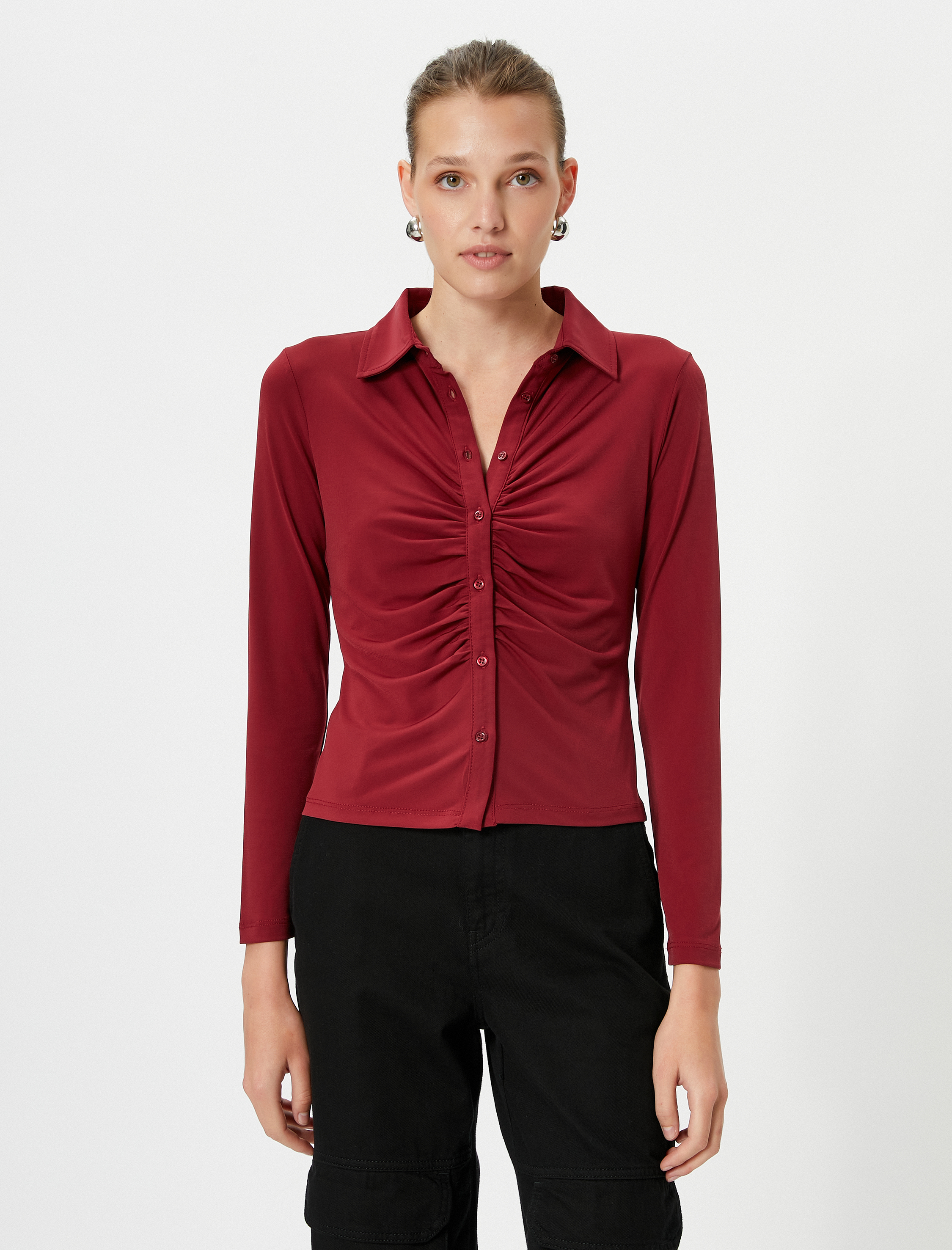   Uzun Kollu Gömlek Drapeli Düğme Detaylı