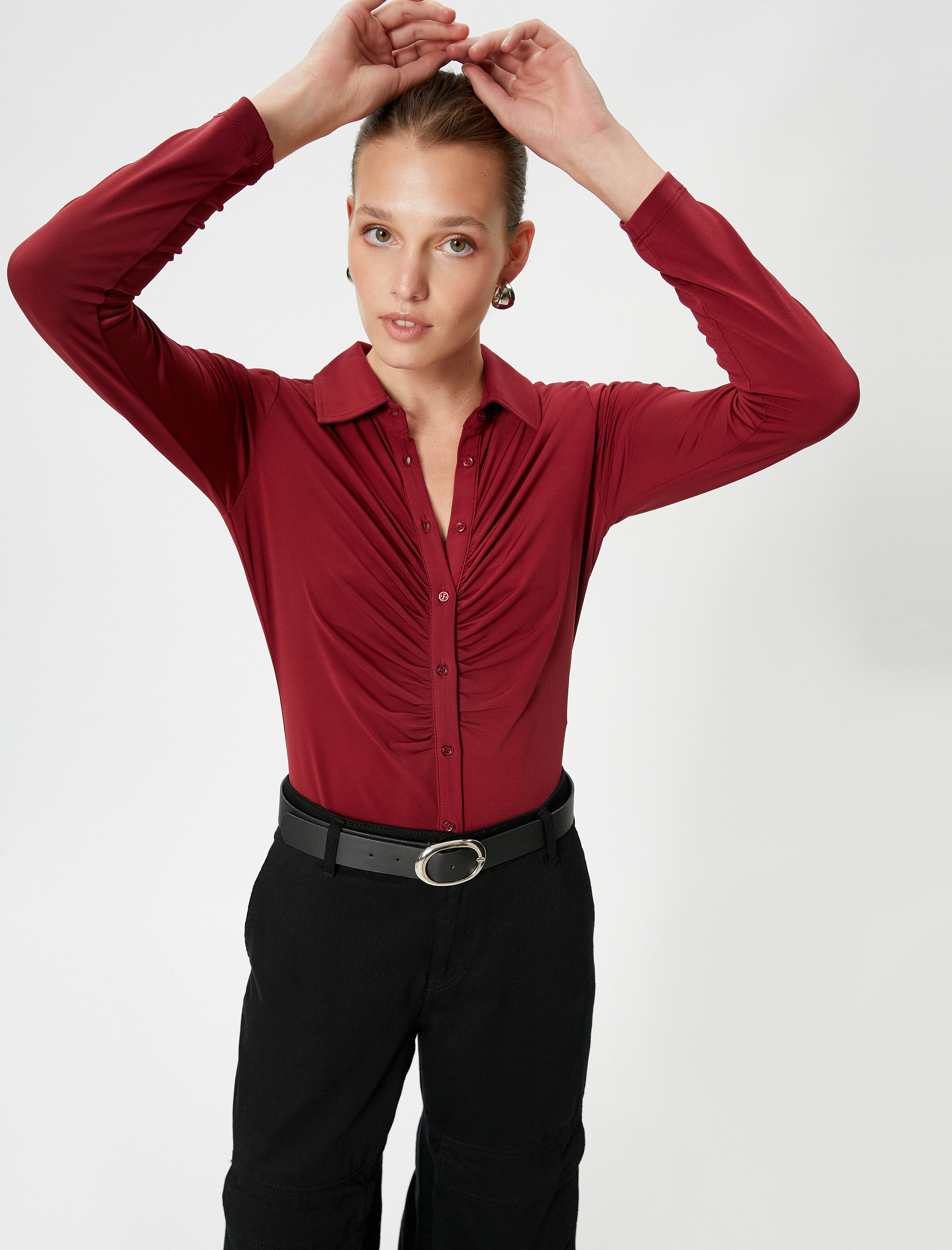   Uzun Kollu Gömlek Drapeli Düğme Detaylı