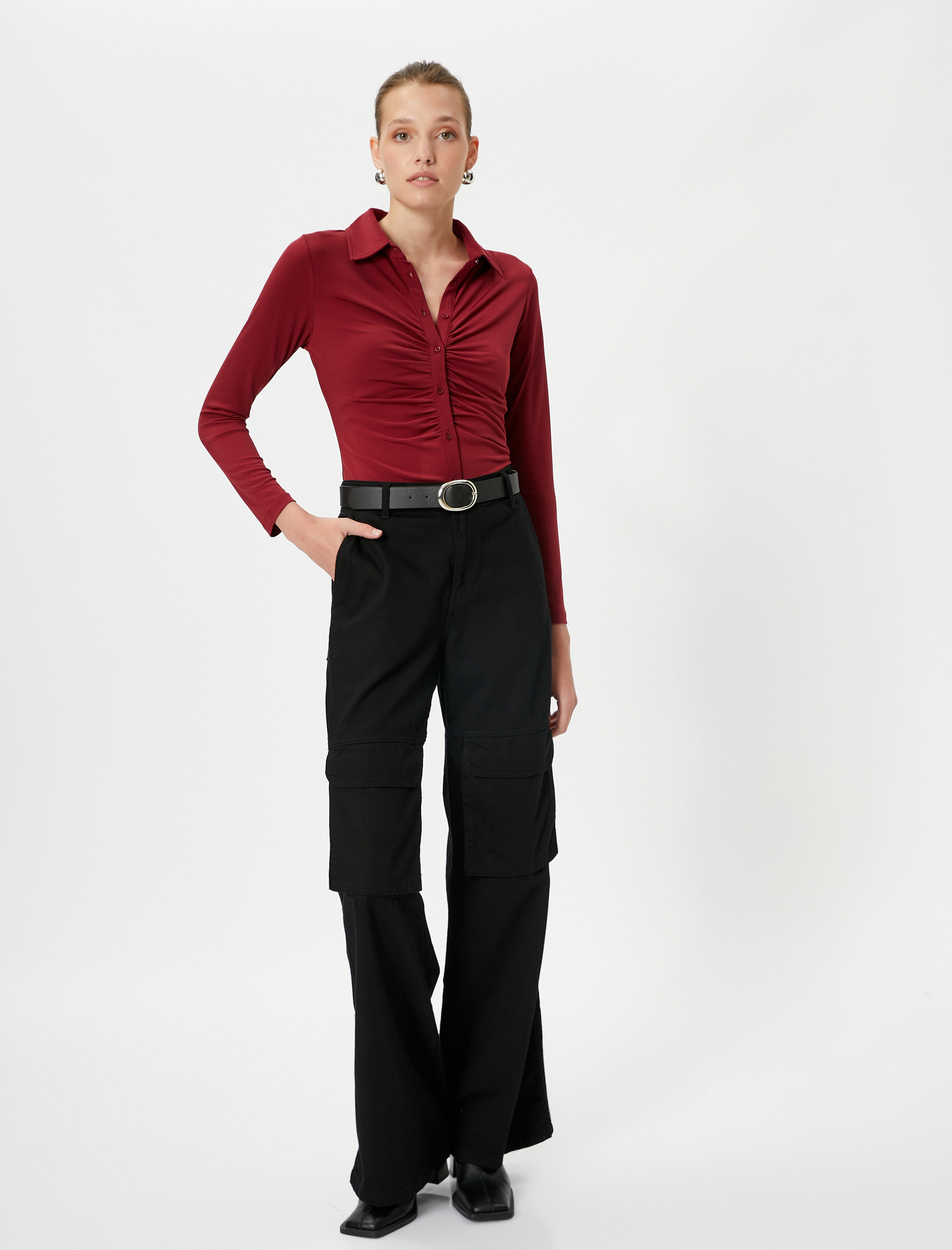   Uzun Kollu Gömlek Drapeli Düğme Detaylı