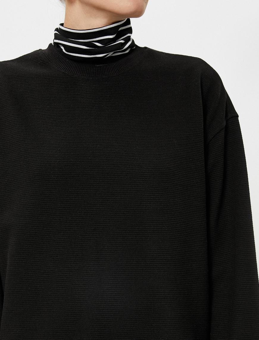   Bisiklet Yaka Sweatshirt Basic Fitilli Ribanalı