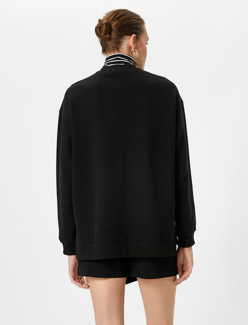   Bisiklet Yaka Sweatshirt Basic Fitilli Ribanalı