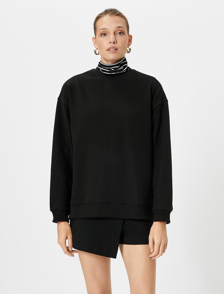   Bisiklet Yaka Sweatshirt Basic Fitilli Ribanalı