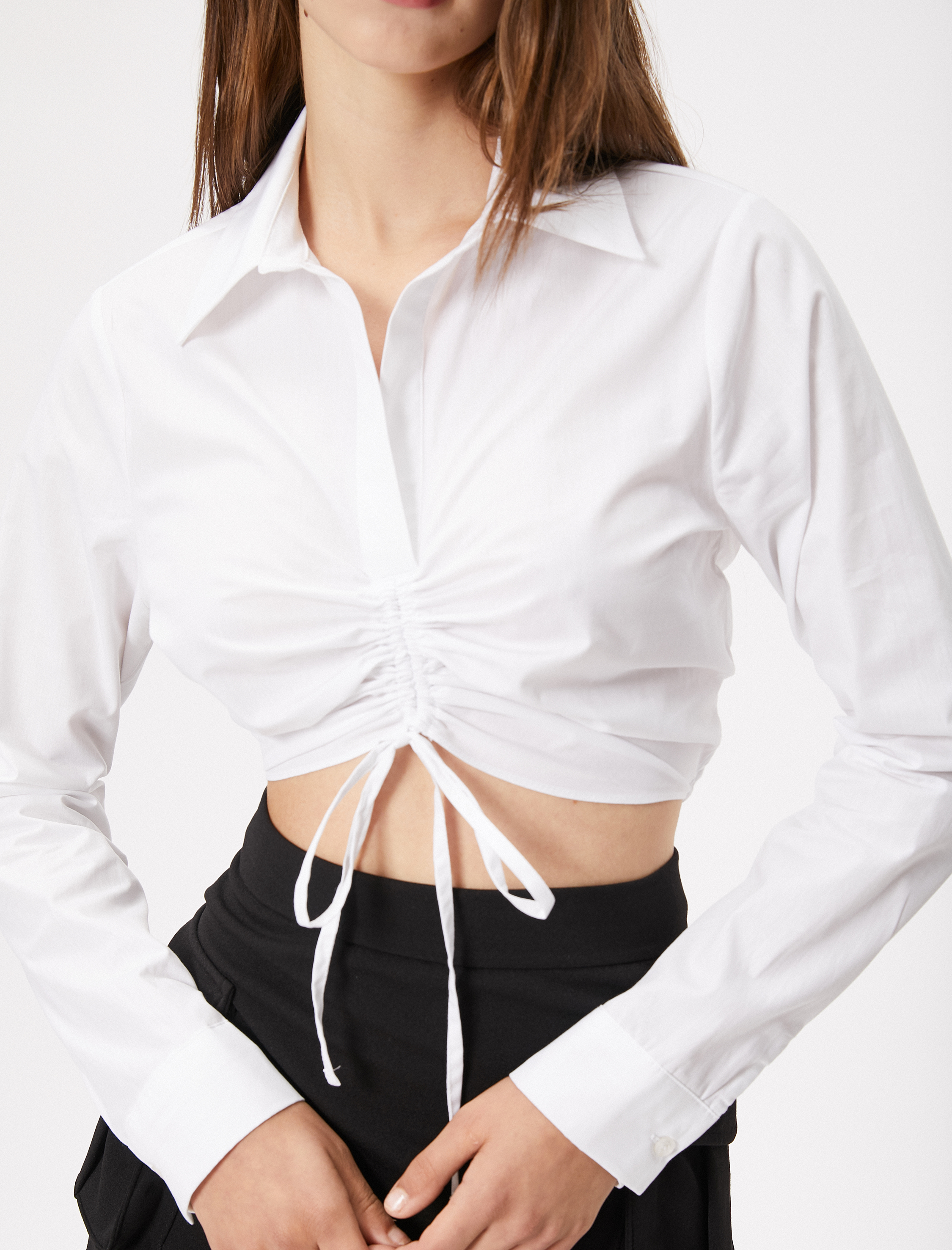   Crop Gömlek Önü Büzgülü Uzun Kollu Pamuklu