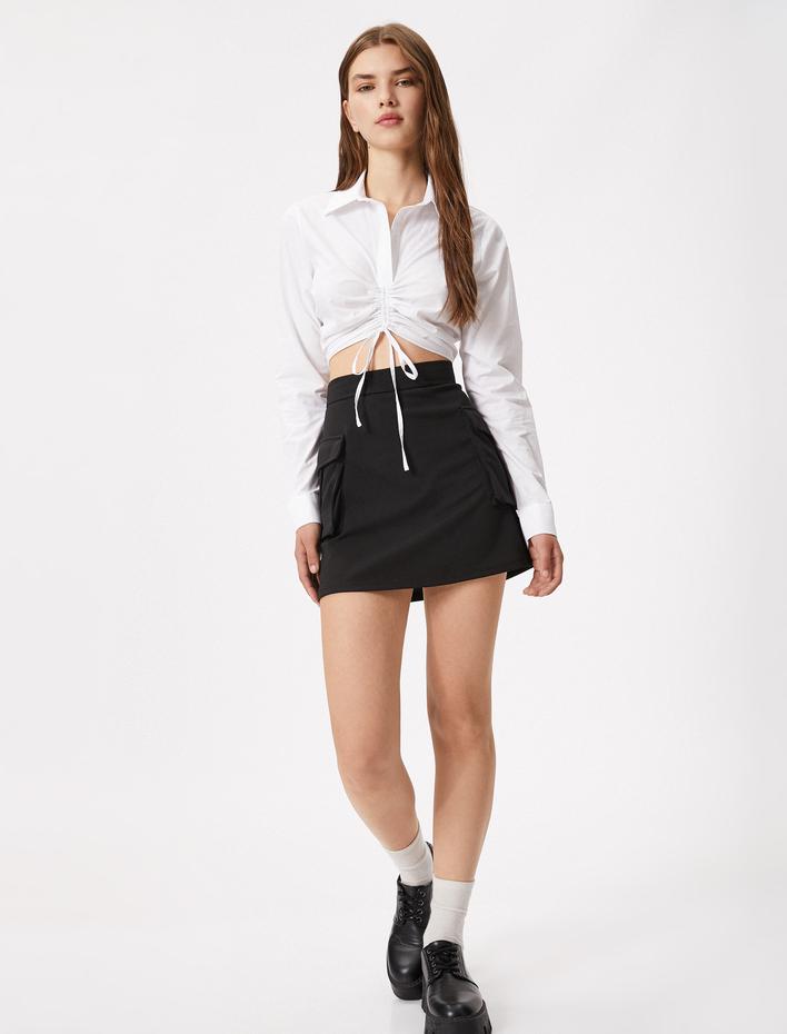  Crop Gömlek Önü Büzgülü Uzun Kollu Pamuklu