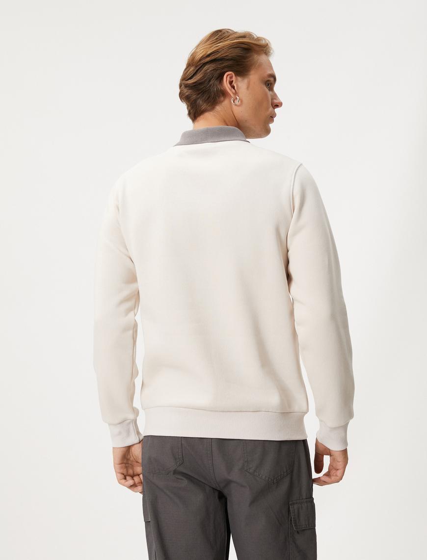   Basic Sweatshirt Polo Yaka Etiket Baskı Detaylı Ribanalı Şardonlu