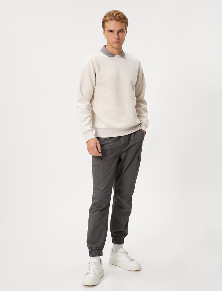  Basic Sweatshirt Polo Yaka Etiket Baskı Detaylı Ribanalı Şardonlu