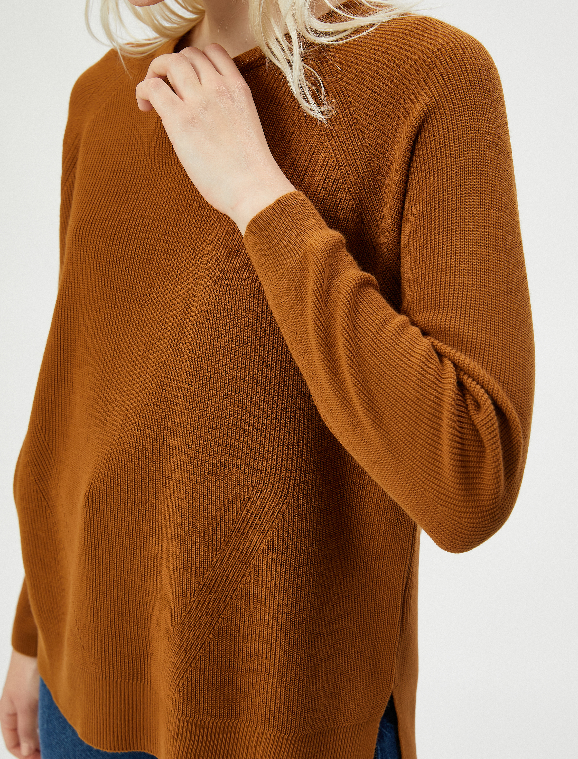   Basic Triko Kazak Uzun Kollu Bisiklet Yaka Ribanalı Kaşmir Dokulu