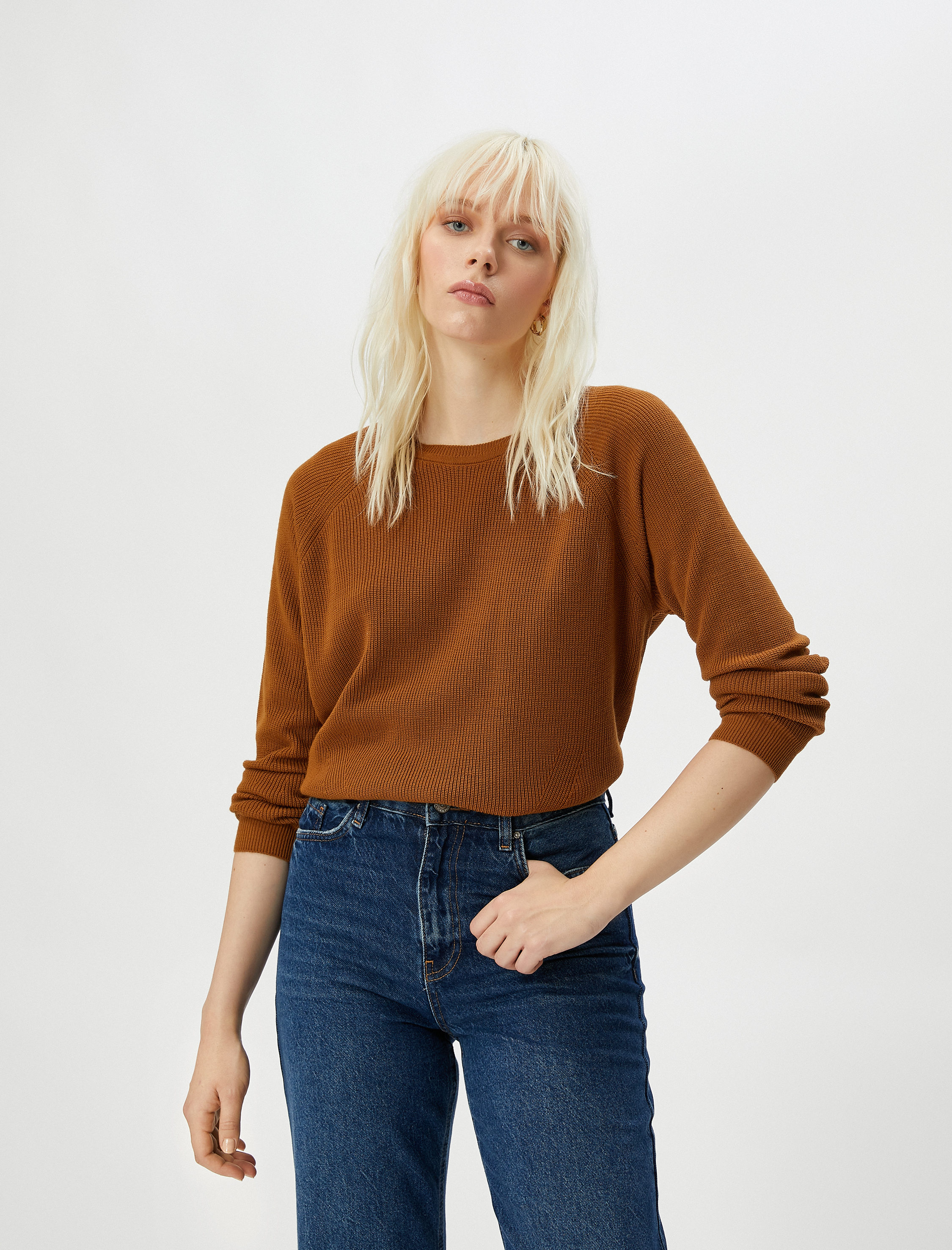   Basic Triko Kazak Uzun Kollu Bisiklet Yaka Ribanalı Kaşmir Dokulu