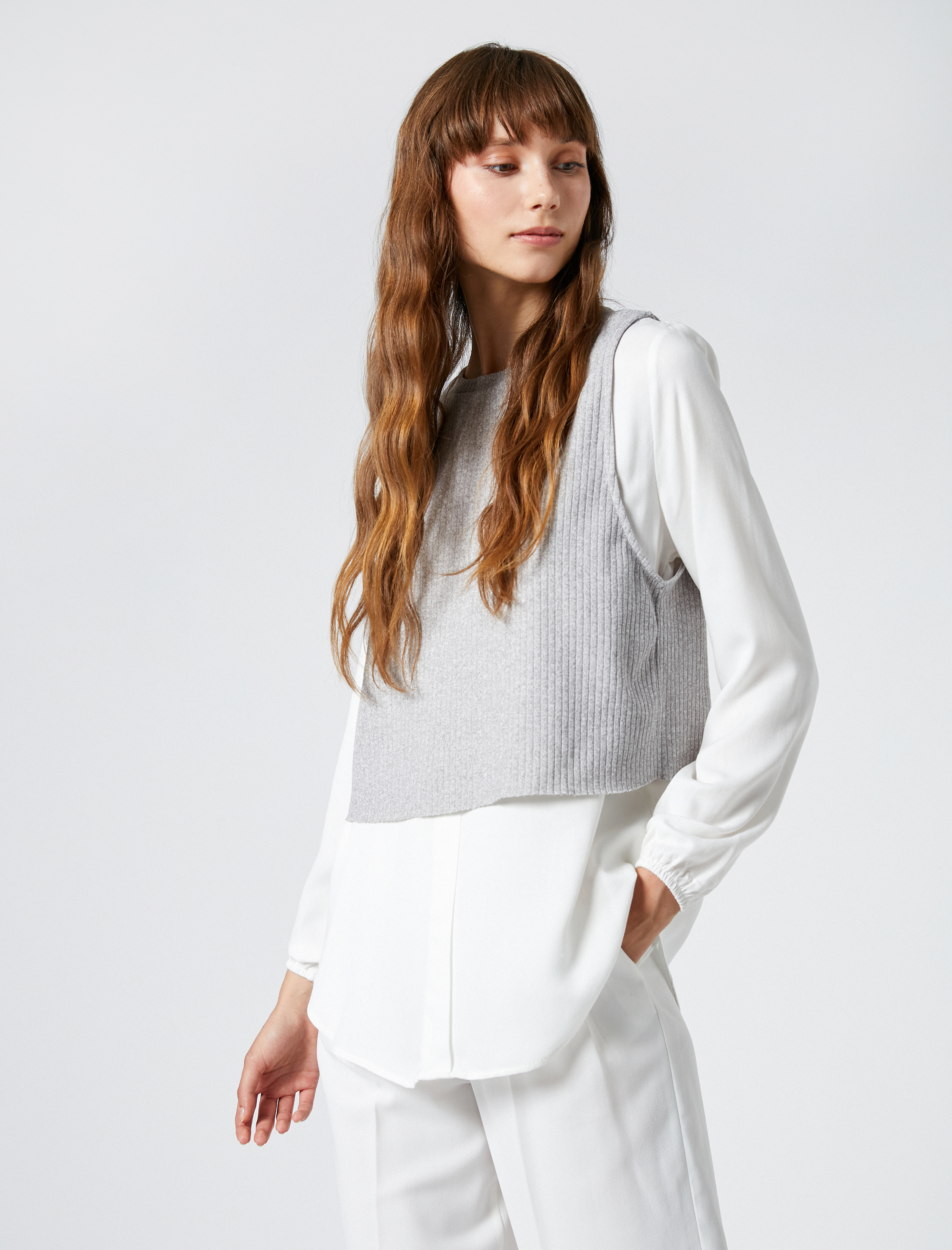   Uzun Kollu Gömlek Çift Parça Görünümlü Bisiklet Yaka Viskon