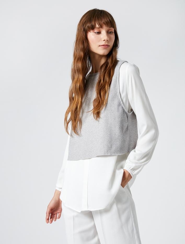  Uzun Kollu Gömlek Çift Parça Görünümlü Bisiklet Yaka Viskon