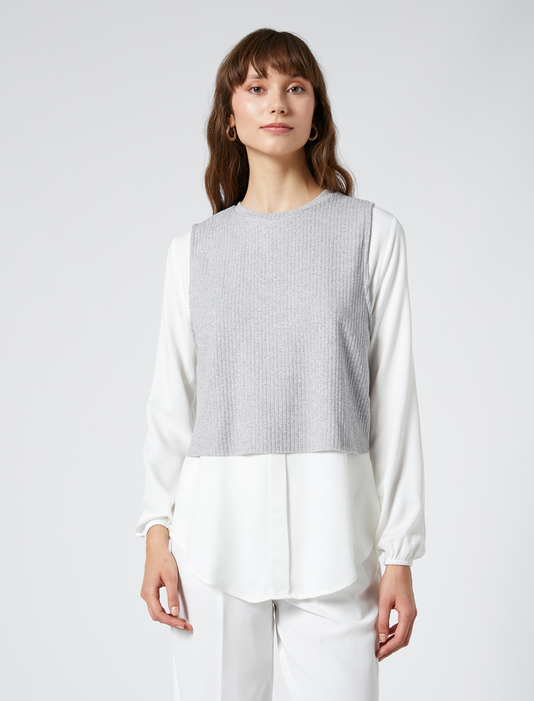   Uzun Kollu Gömlek Çift Parça Görünümlü Bisiklet Yaka Viskon