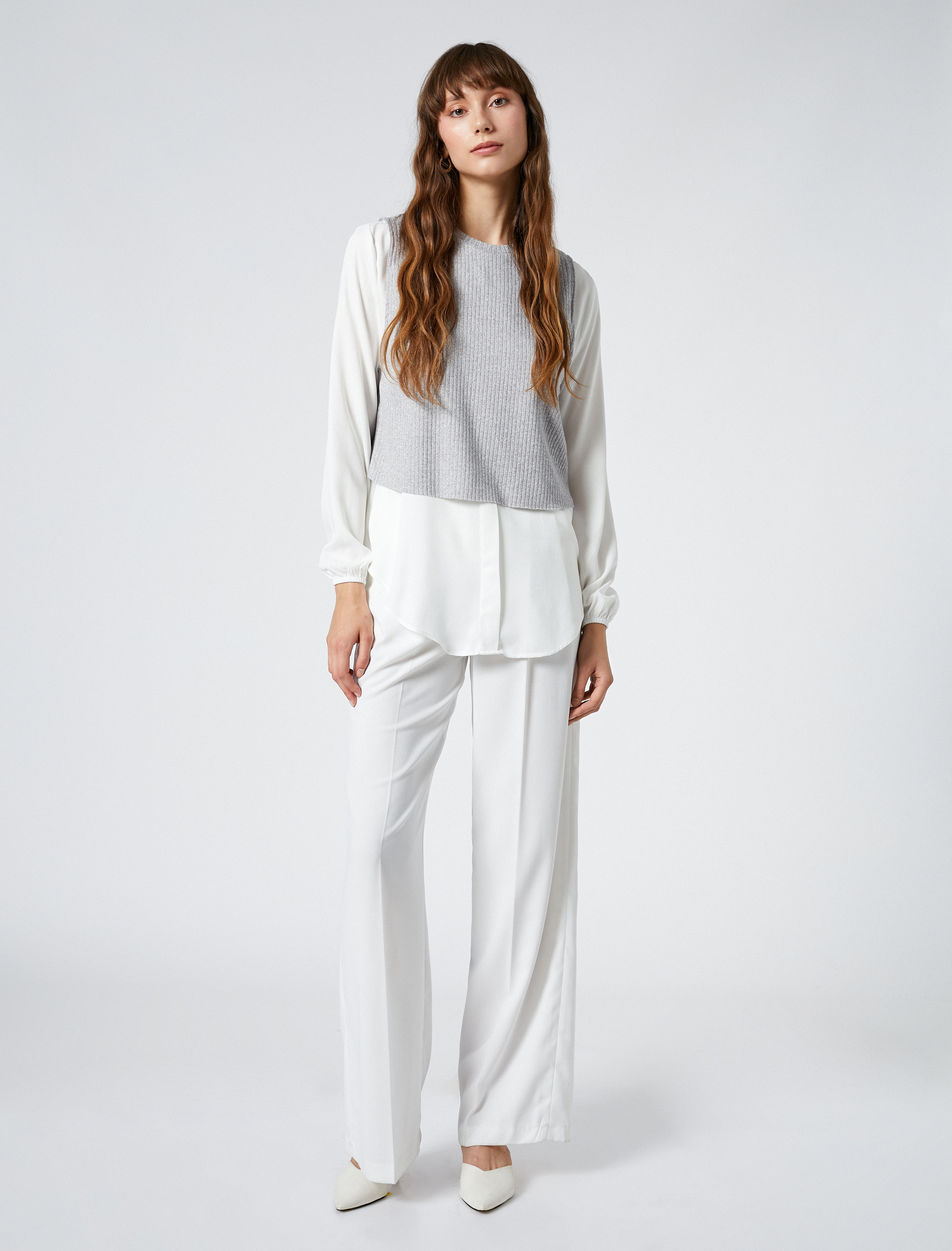   Uzun Kollu Gömlek Çift Parça Görünümlü Bisiklet Yaka Viskon