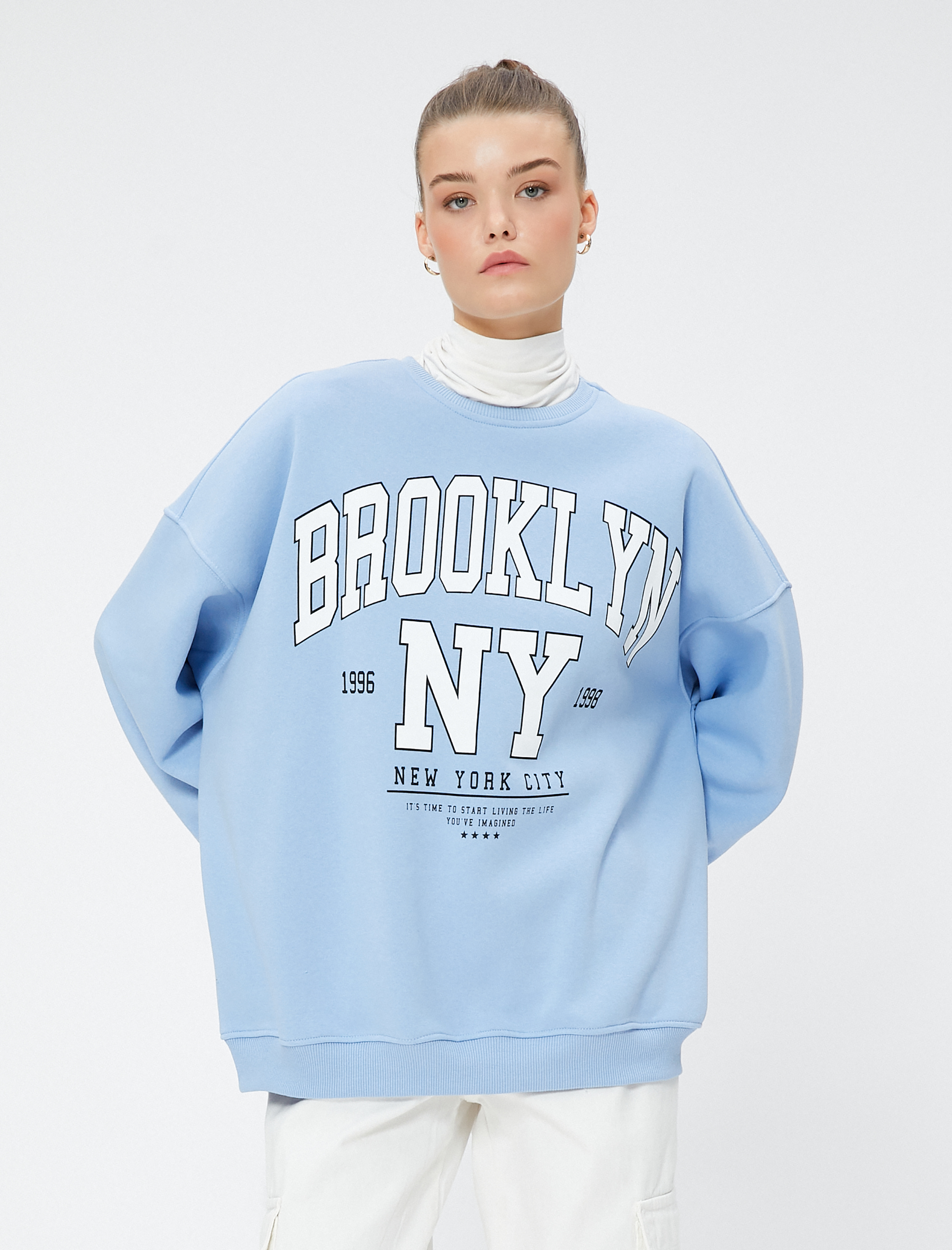   Şardonlu Kolej Sweatshirt Rahat Kesim Baskılı Bisiklet Yaka Uzun Kollu