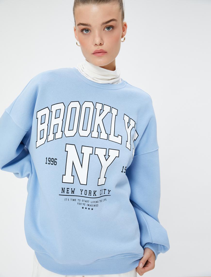   Şardonlu Kolej Sweatshirt Rahat Kesim Baskılı Bisiklet Yaka Uzun Kollu