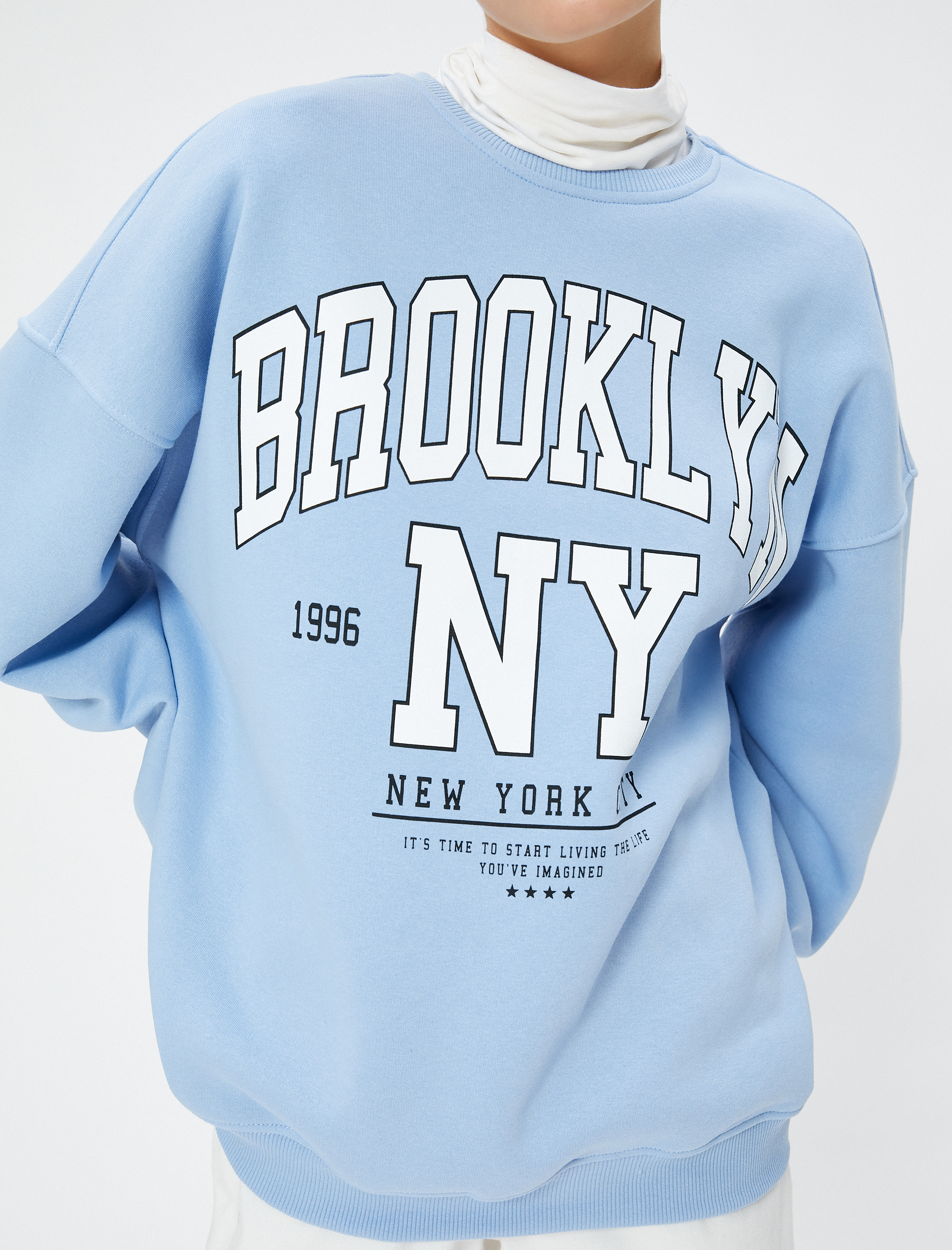   Şardonlu Kolej Sweatshirt Rahat Kesim Baskılı Bisiklet Yaka Uzun Kollu