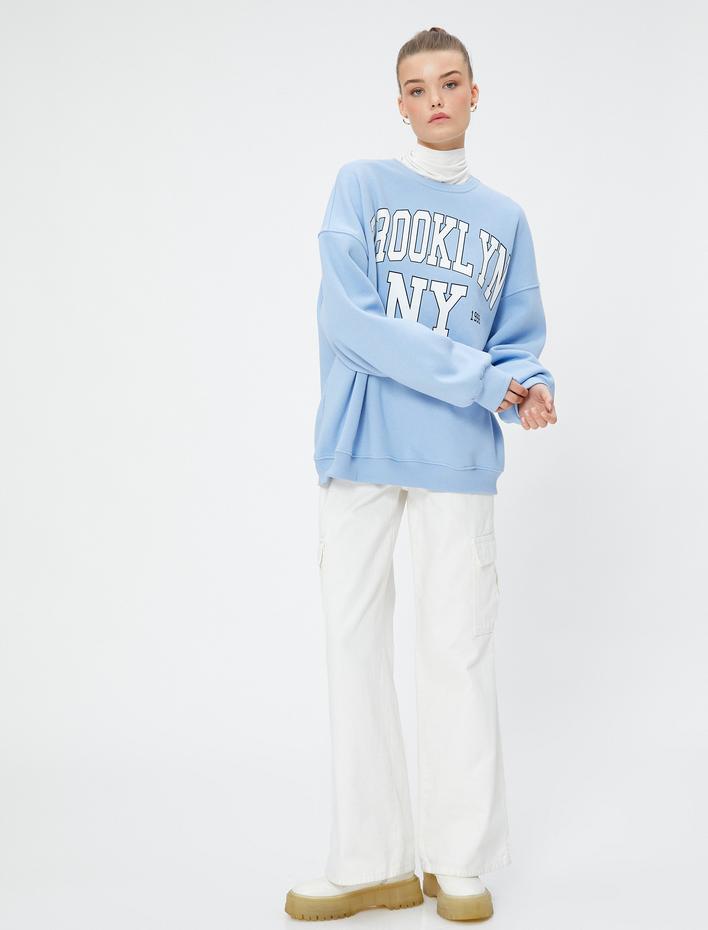  Şardonlu Kolej Sweatshirt Rahat Kesim Baskılı Bisiklet Yaka Uzun Kollu