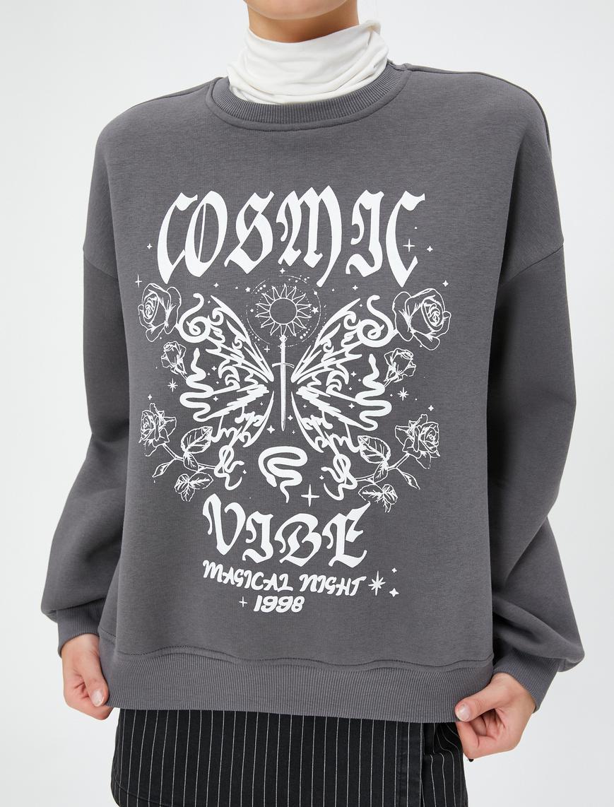   Baskılı Sweatshirt Rahat Kesim Bisiklet Yaka Uzun Kollu