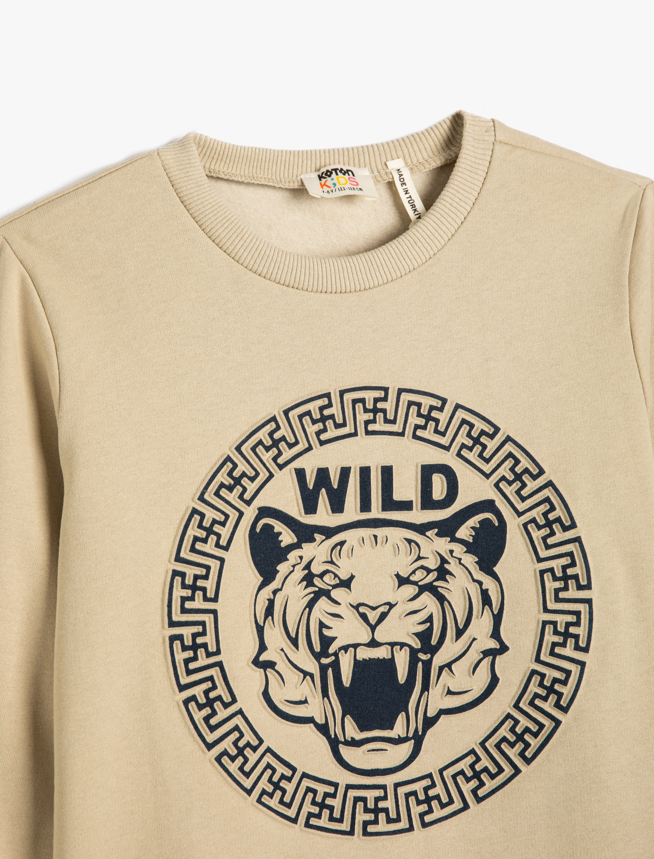  Erkek Çocuk Sweatshirt Kaplan Kabartma Baskılı Şardonlu Bisiklet Yaka