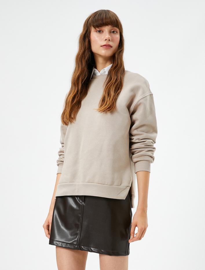 Bisiklet Yaka Sweatshirt Basic Uzun Kollu Ribanalı