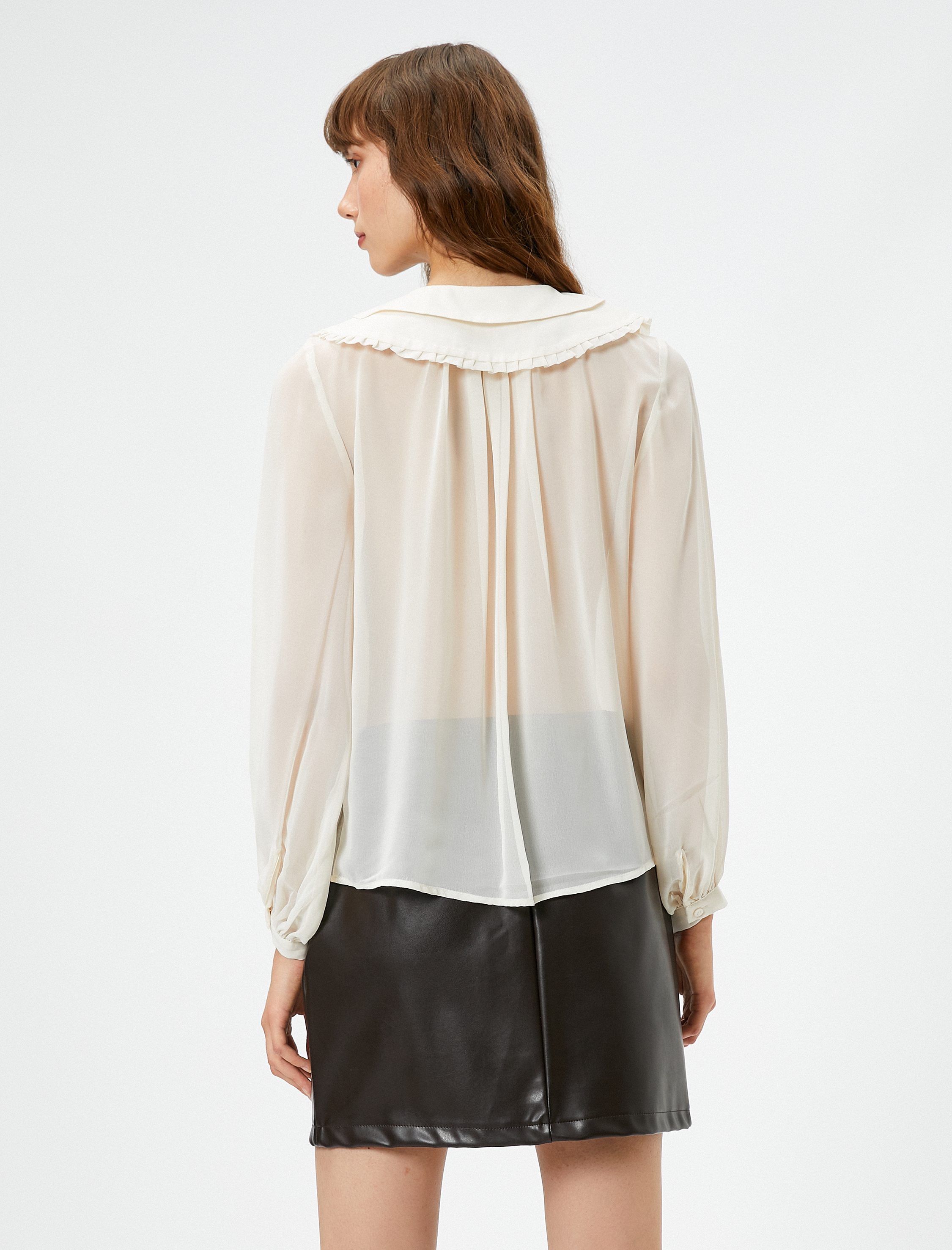 Şifon Bebe Yaka Gömlek Kurdele Detaylı Fırfırlı Uzun Kollu