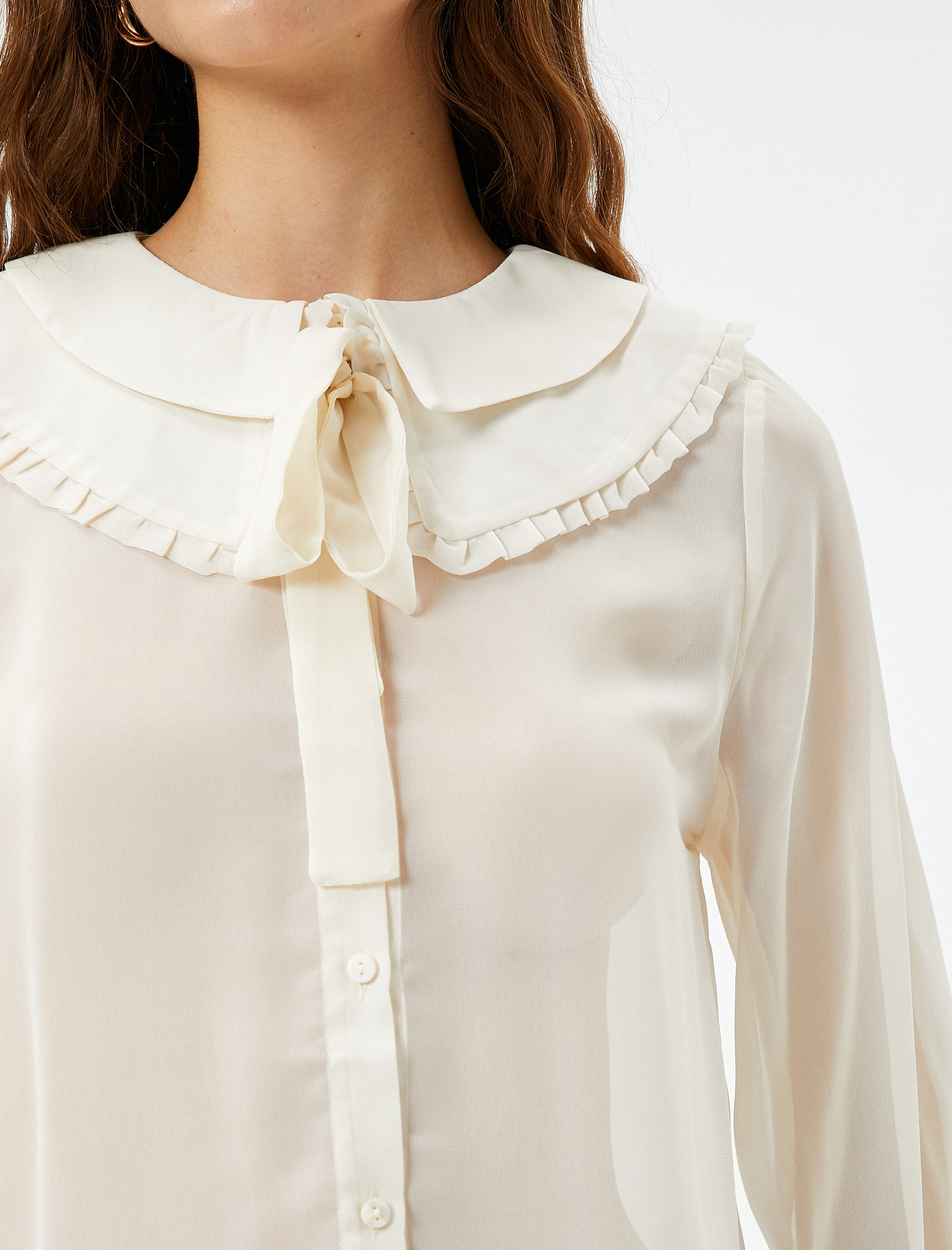 Şifon Bebe Yaka Gömlek Kurdele Detaylı Fırfırlı Uzun Kollu