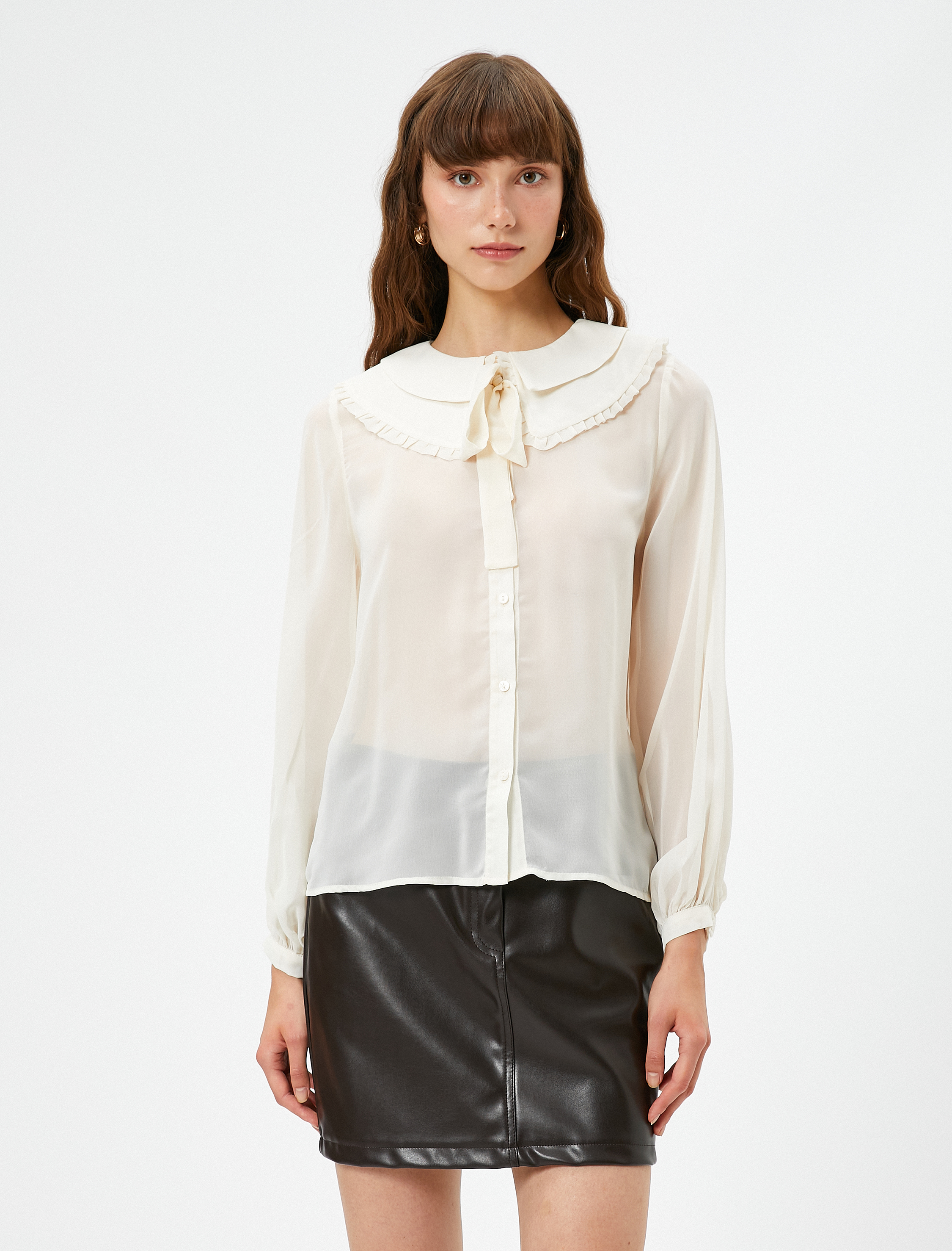 Şifon Bebe Yaka Gömlek Kurdele Detaylı Fırfırlı Uzun Kollu