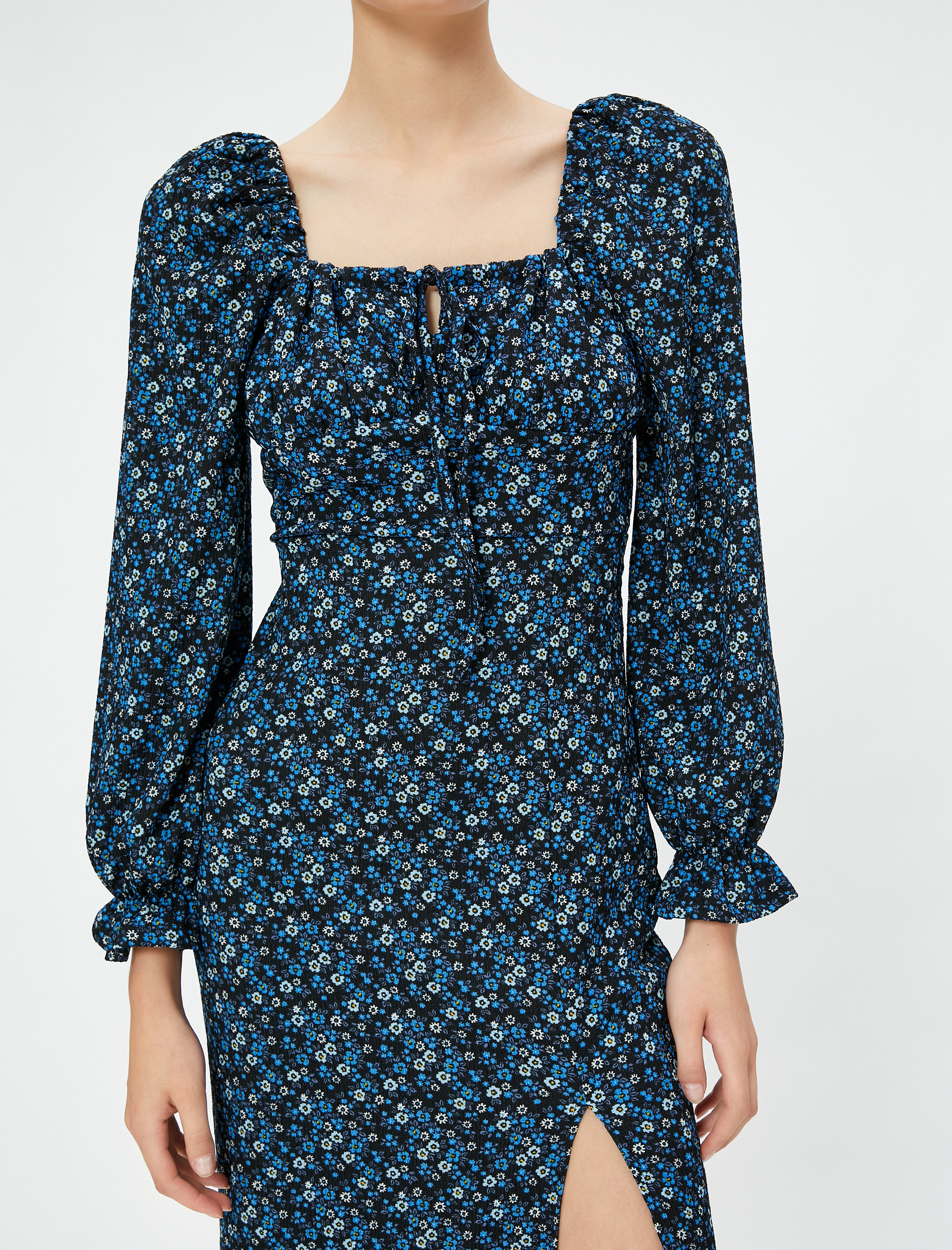   Yırtmaçlı Kışlık Elbise Midi Çiçekli Balon Kollu Slim Fit Bürümcük