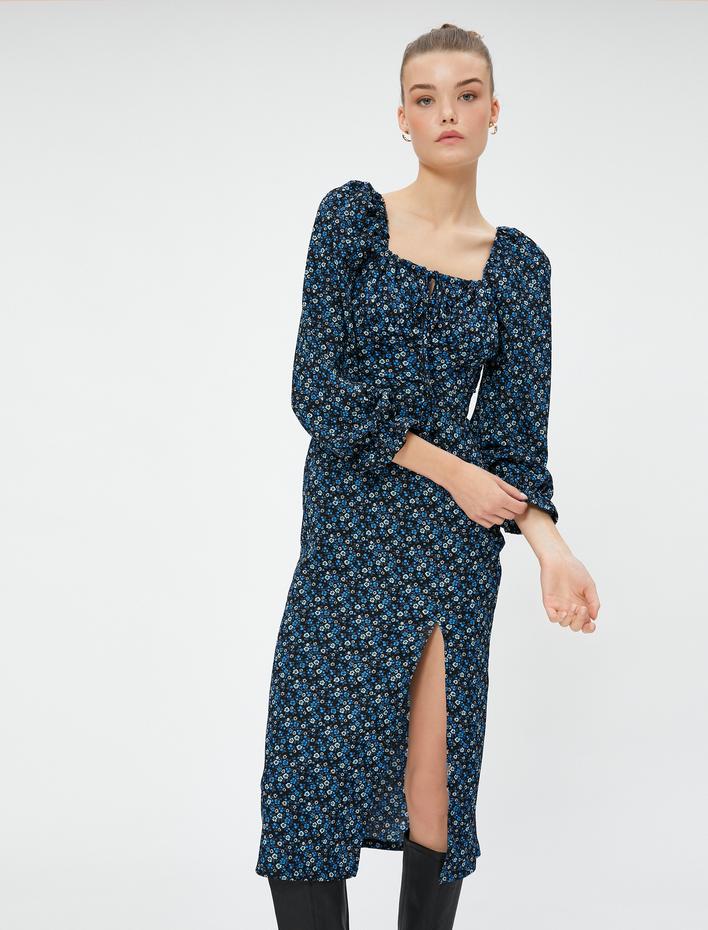 Yırtmaçlı Kışlık Elbise Midi Çiçekli Balon Kollu Slim Fit Bürümcük