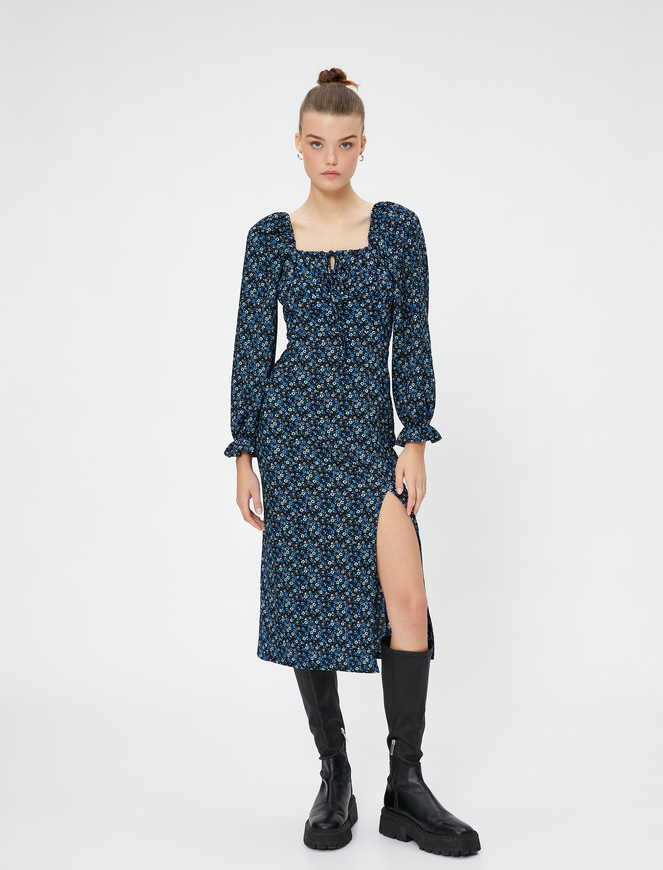   Yırtmaçlı Kışlık Elbise Midi Çiçekli Balon Kollu Slim Fit Bürümcük
