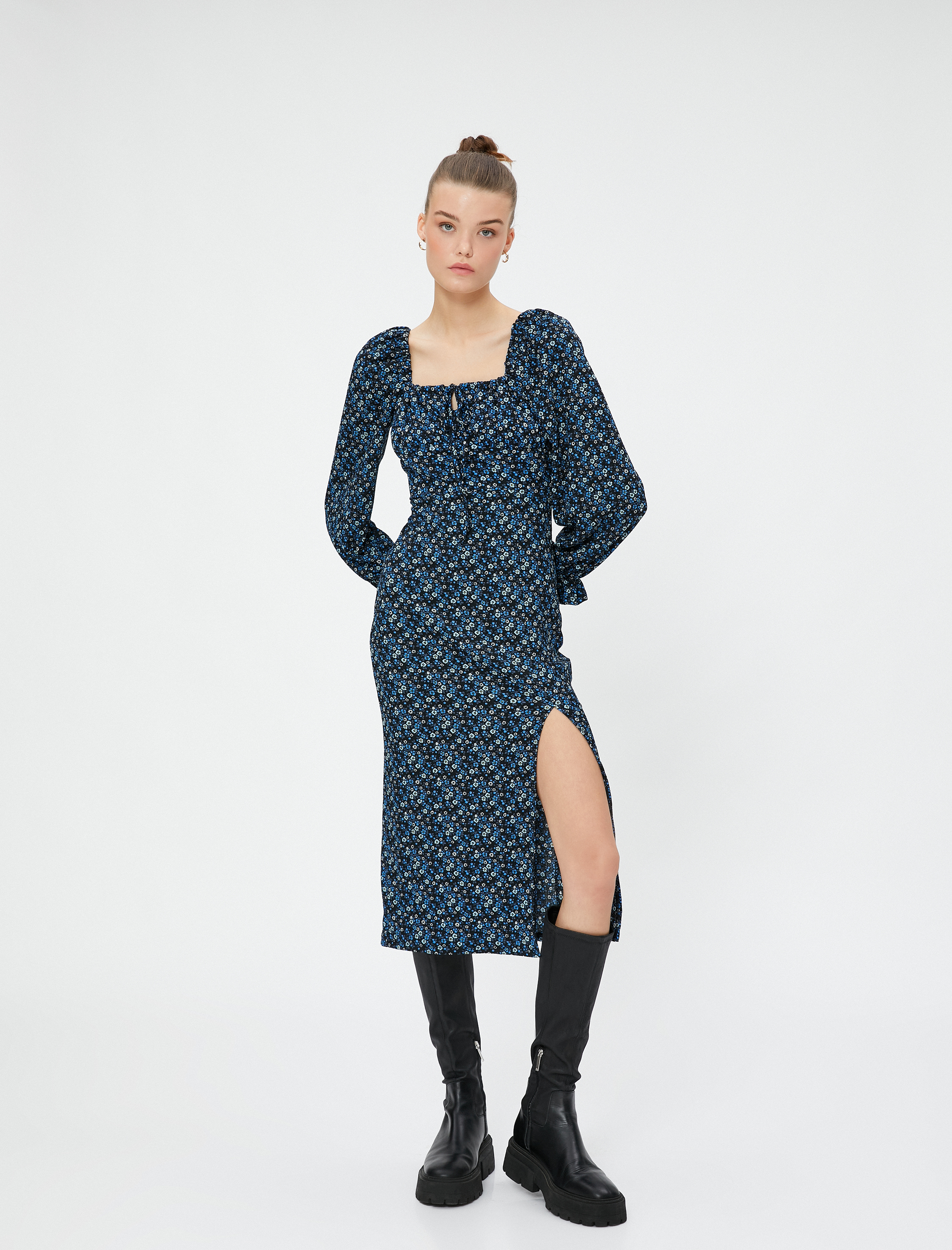   Yırtmaçlı Kışlık Elbise Midi Çiçekli Balon Kollu Slim Fit Bürümcük