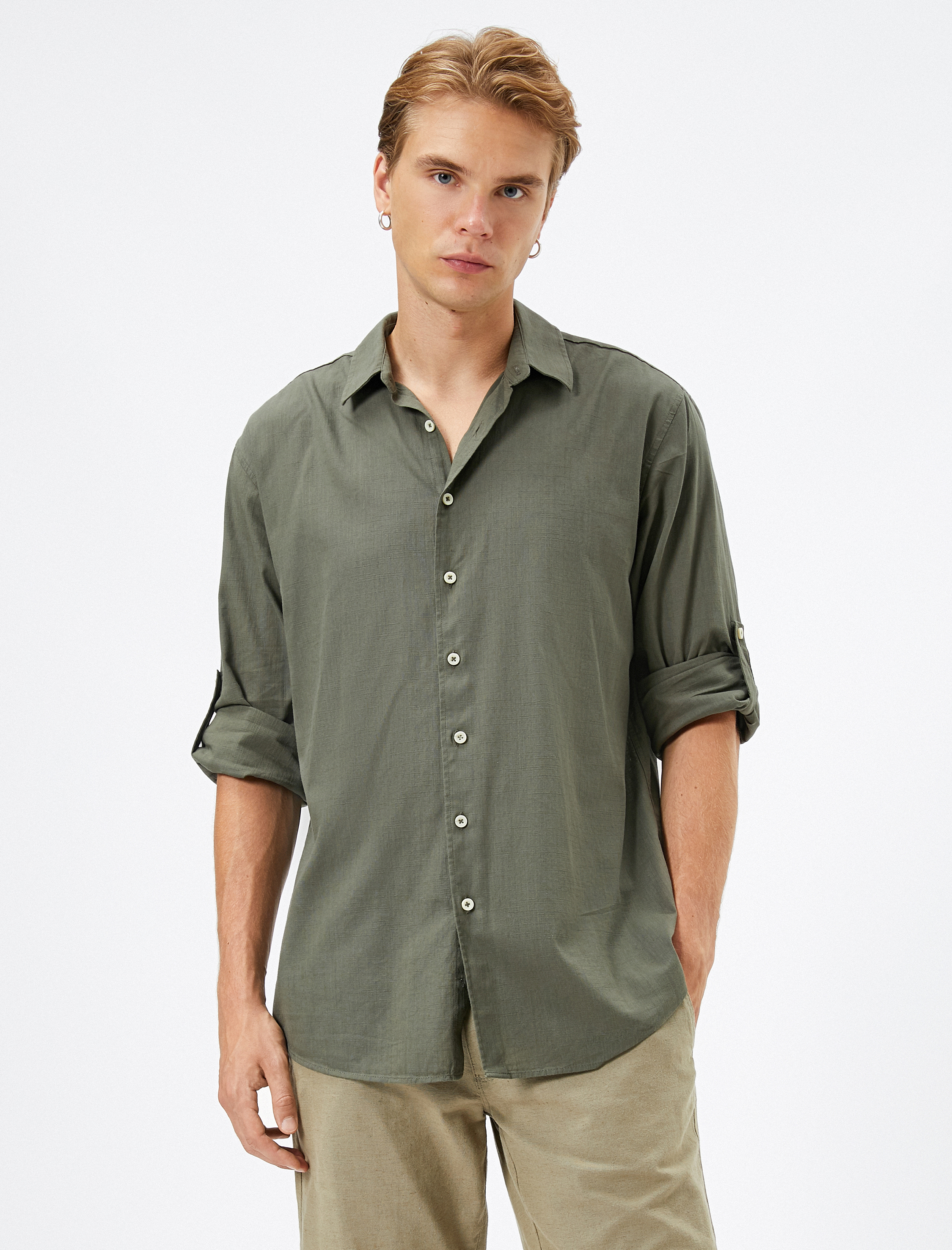   Klasik Yaka Gömlek Düğmeli Uzun Kollu Pamuklu