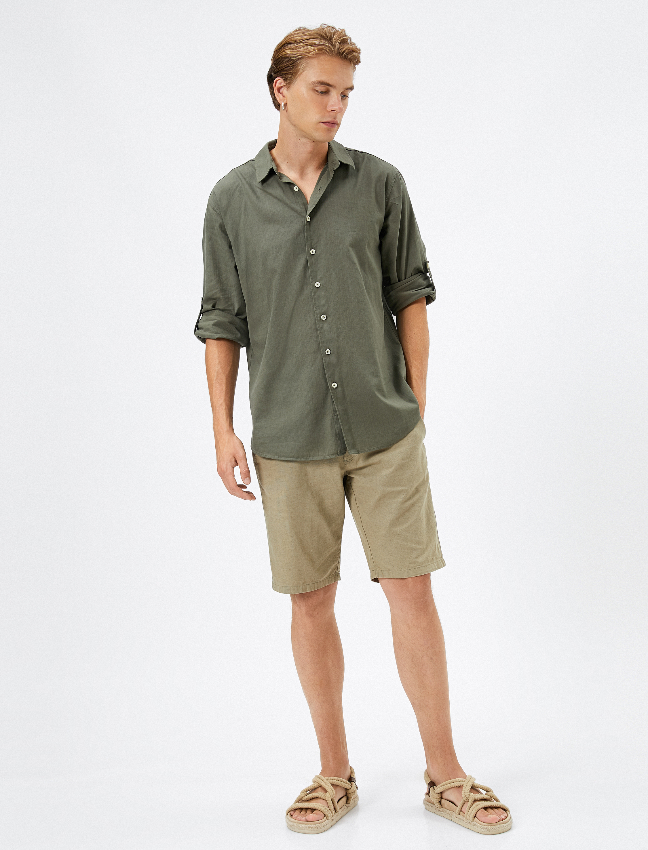   Klasik Yaka Gömlek Düğmeli Uzun Kollu Pamuklu