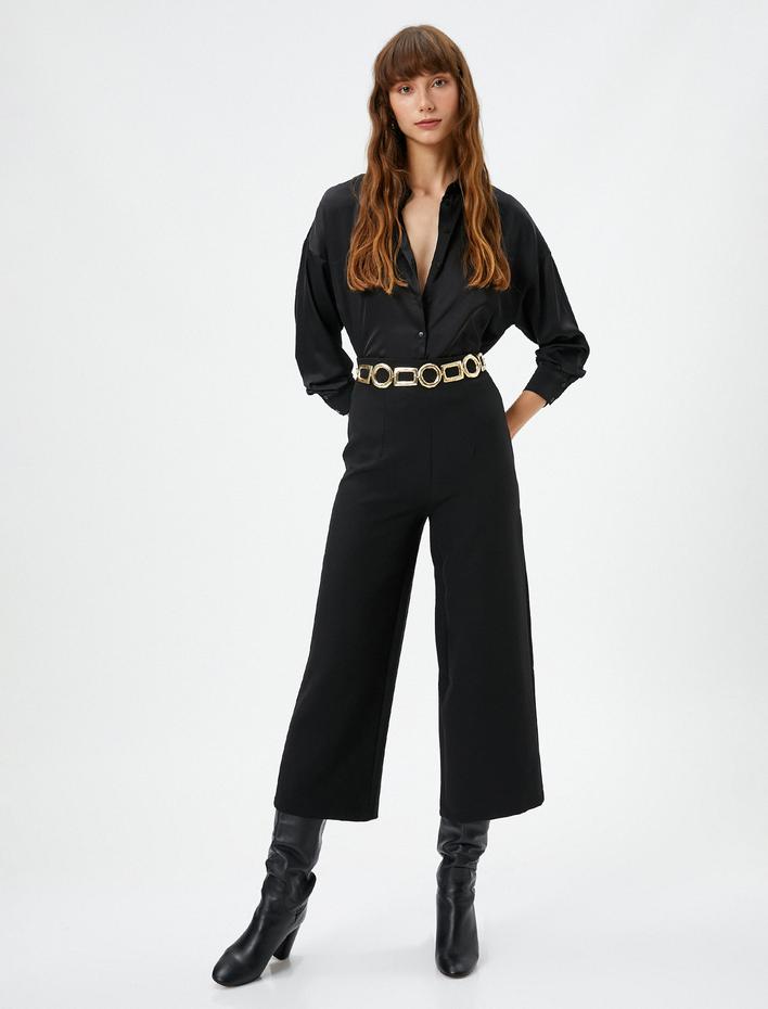  Kumaş Pantolon Geniş Crop Paça Yüksek Bel Fermuarlı