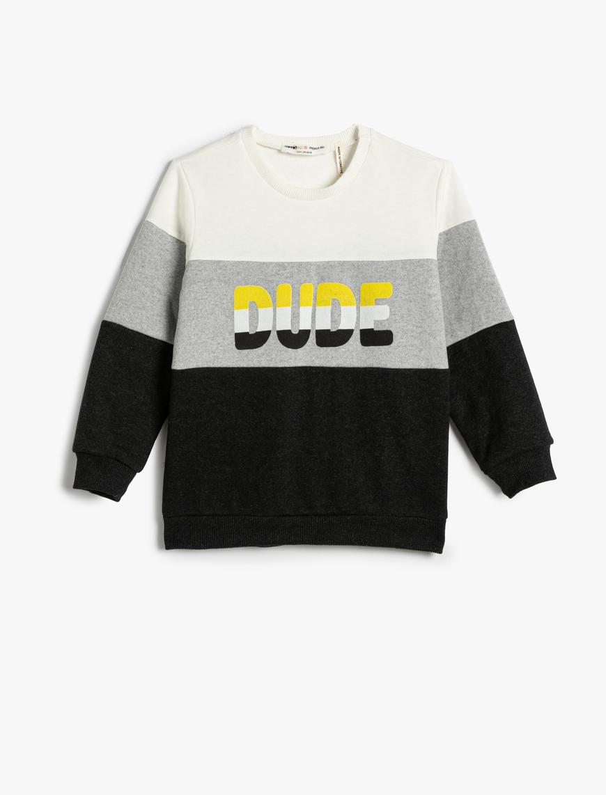  Erkek Çocuk Sweatshirt Şardonlu Renk Bloklu Bisiklet Yaka Baskılı