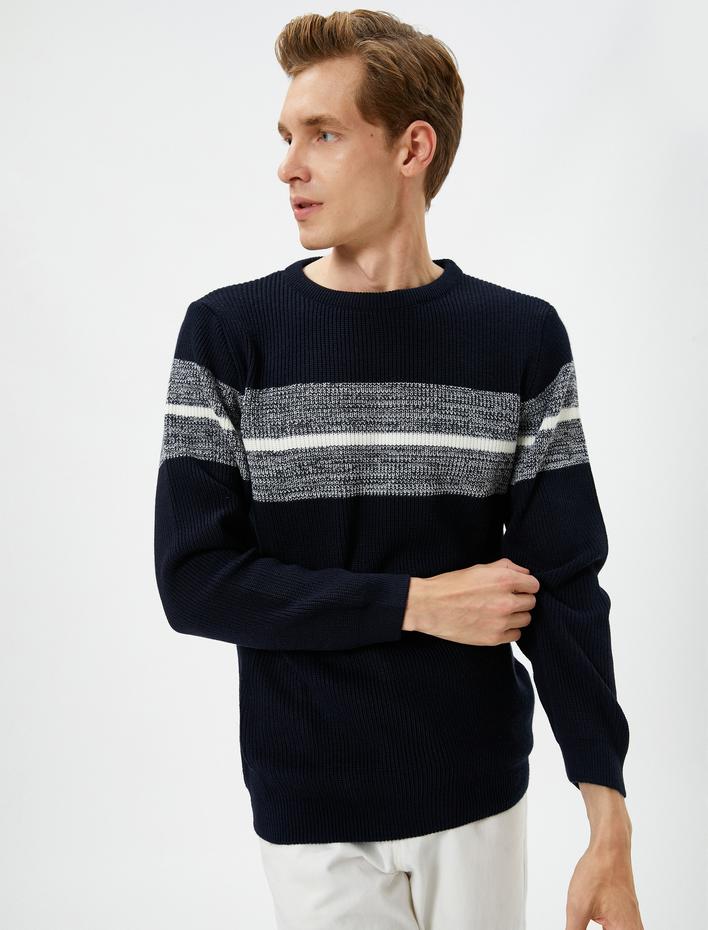  Bisiklet Yaka Kazak Slim Fit Renk Bloklu Uzun Kollu