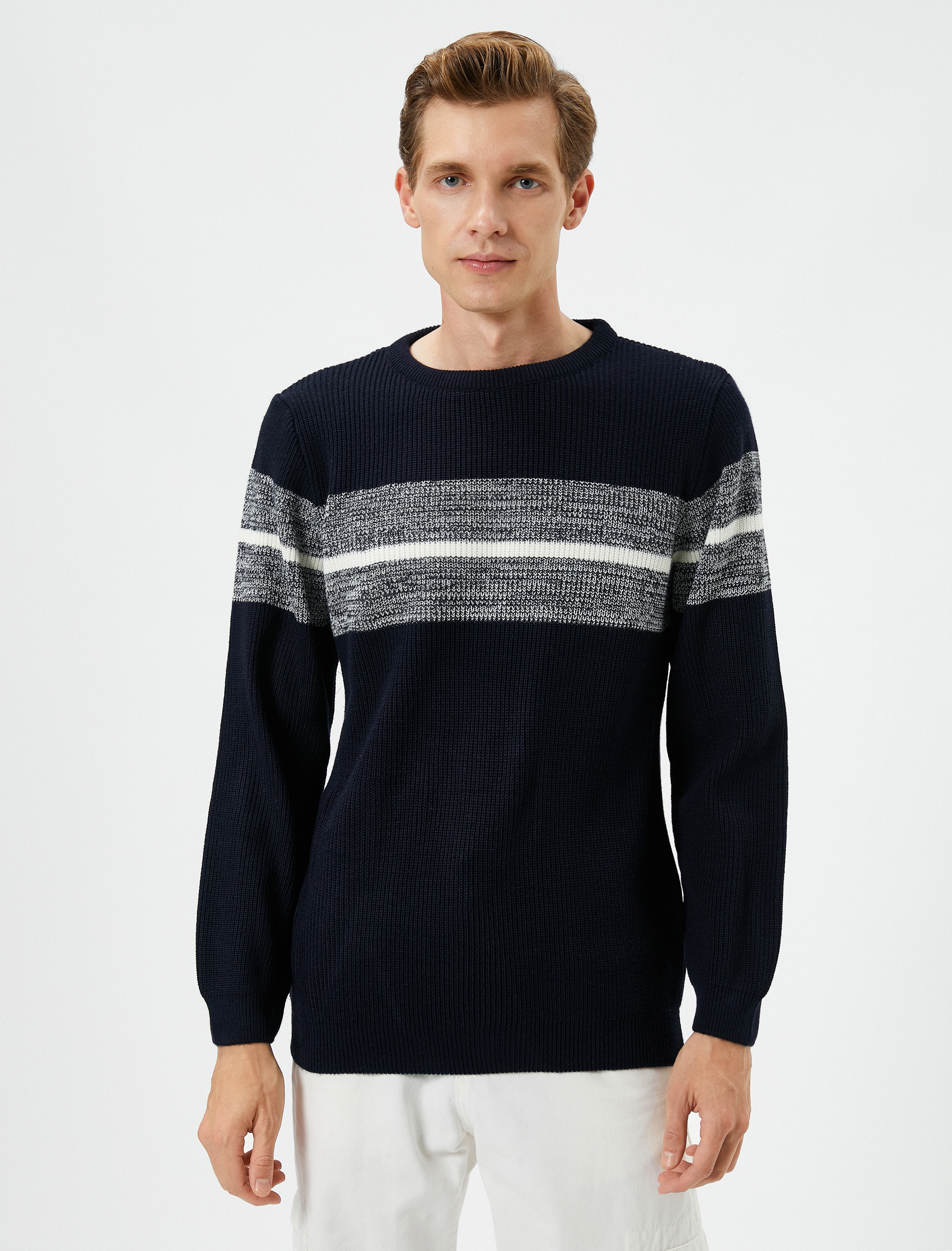   Bisiklet Yaka Kazak Slim Fit Renk Bloklu Uzun Kollu