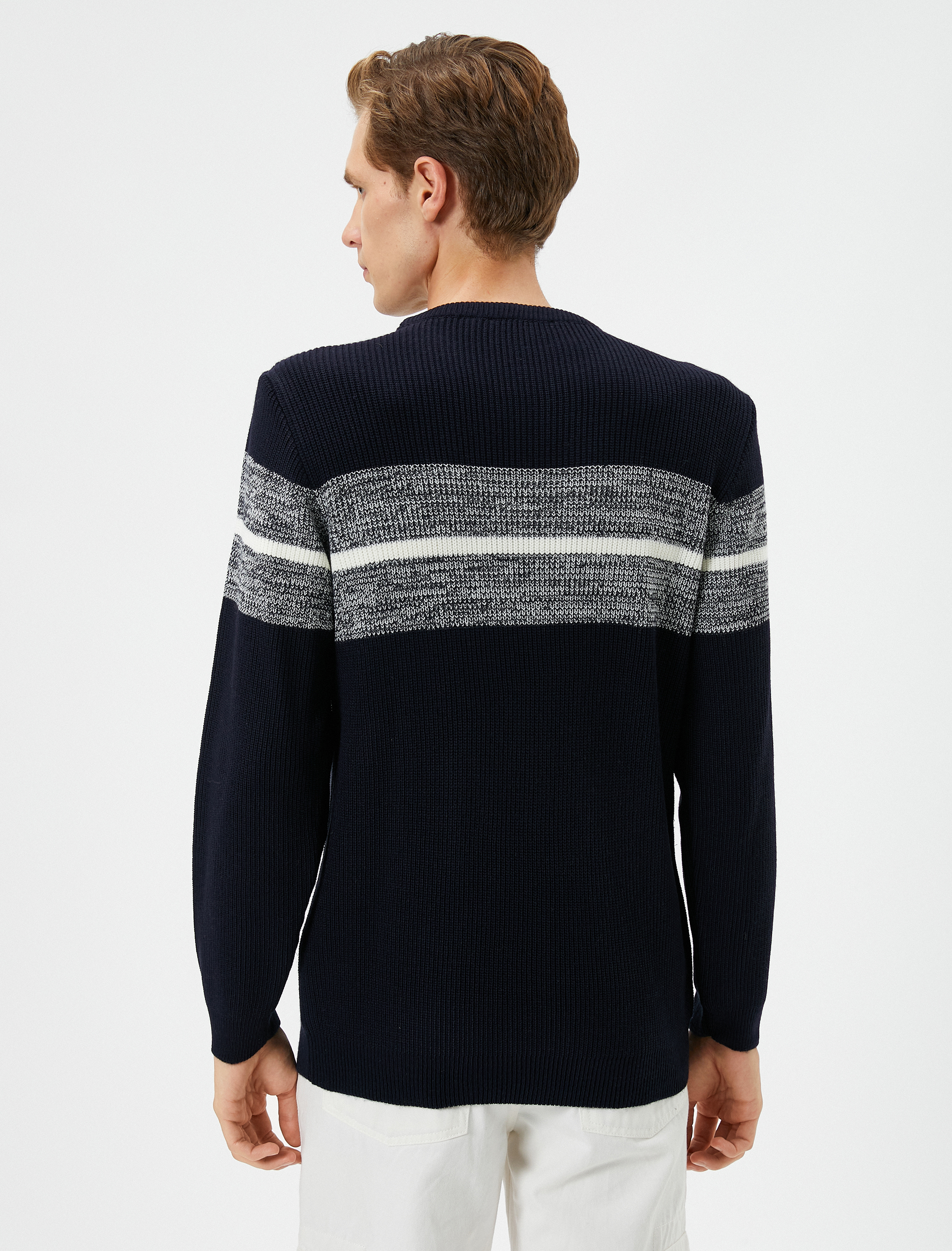   Bisiklet Yaka Kazak Slim Fit Renk Bloklu Uzun Kollu