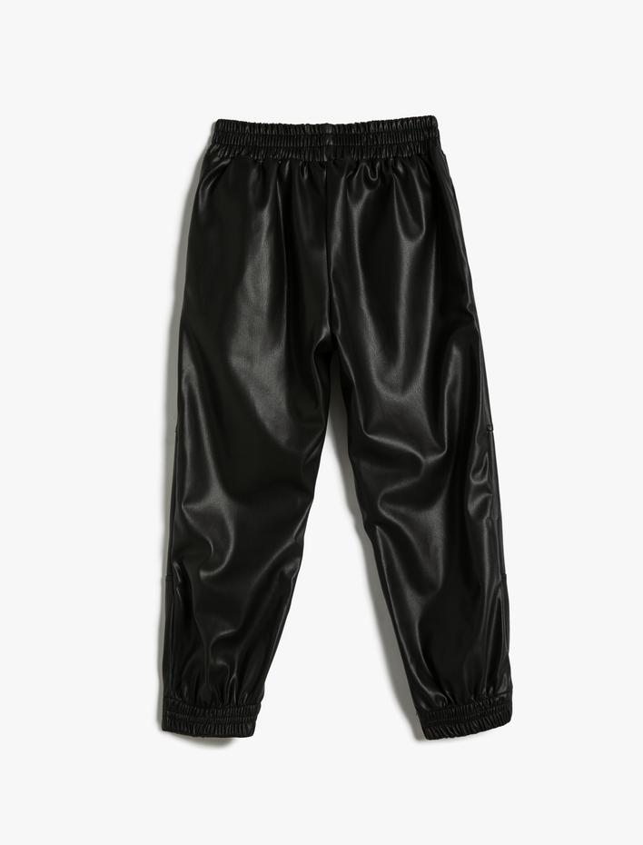 Kız Çocuk Suni Deri Görünümlü Jogger Pantolon Beli Lastikli Cepli