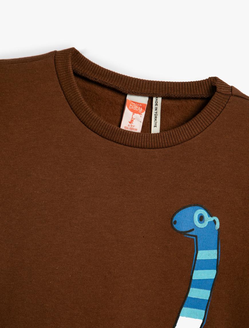  Erkek Bebek Dinozor Baskılı Sweatshirt Şardonlu Bisiklet Yaka Pamuklu