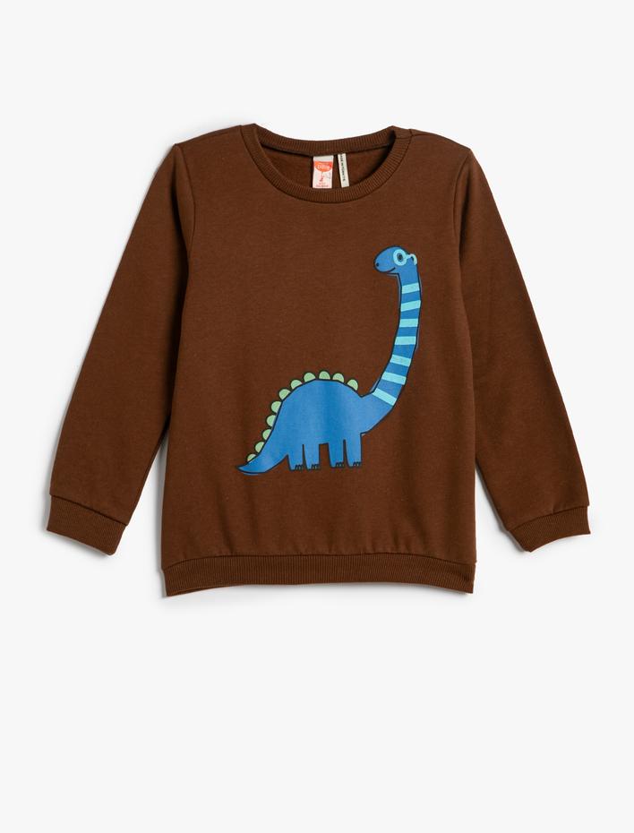 Erkek Bebek Dinozor Baskılı Sweatshirt Şardonlu Bisiklet Yaka Pamuklu